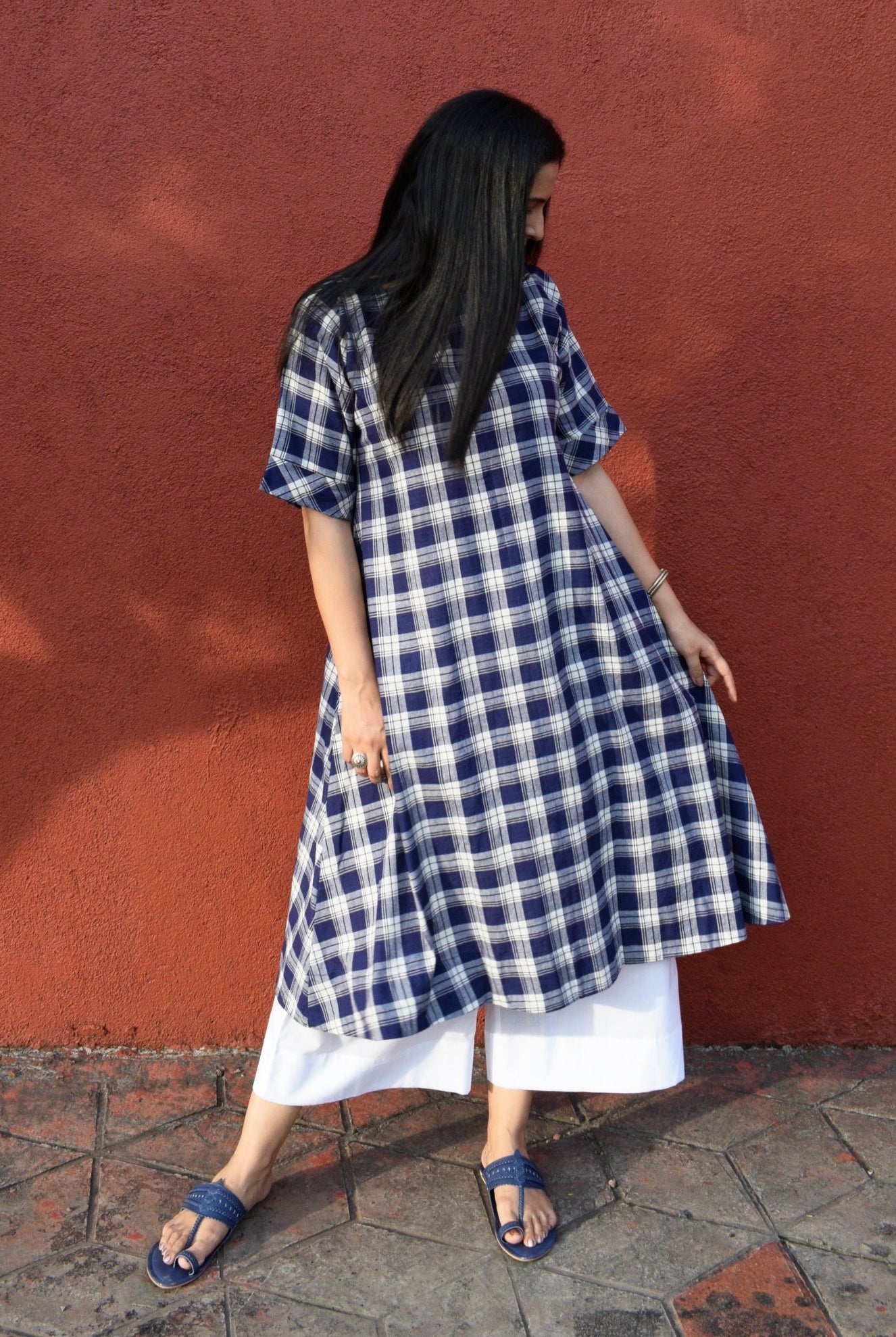 Blue and White Checks Kurta Set in handwoven checks and White Pyjama - CiceroniKurta Set, Everyday WearHouse of Moxa