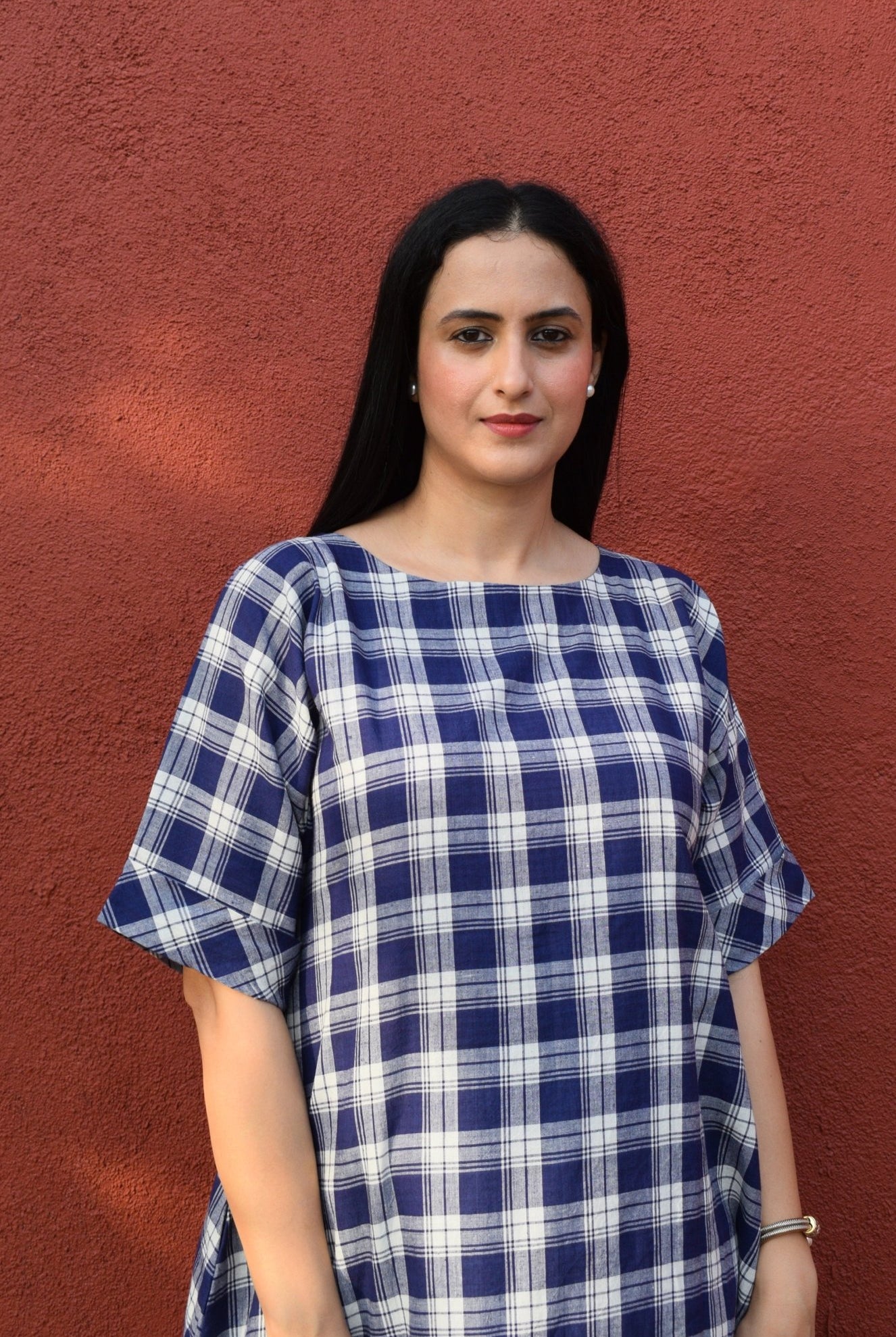 Blue and White Checks Kurta Set in handwoven checks and White Pyjama - CiceroniKurta Set, Everyday WearHouse of Moxa