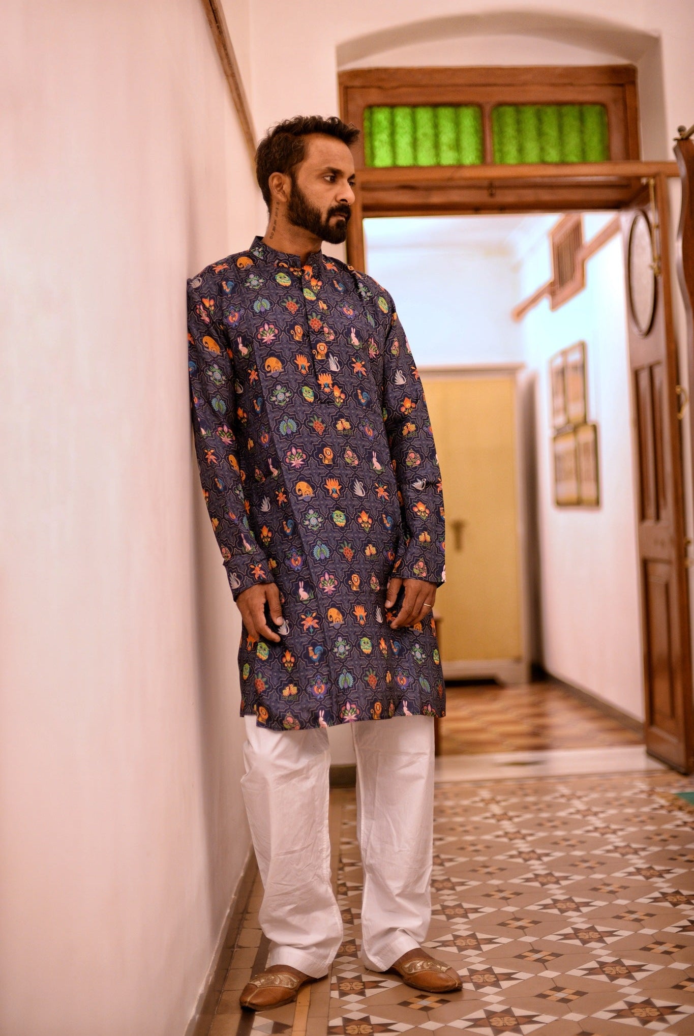 Blue Floral Motif Kurta - CiceroniKurta, Festive WearHouse Of K.C