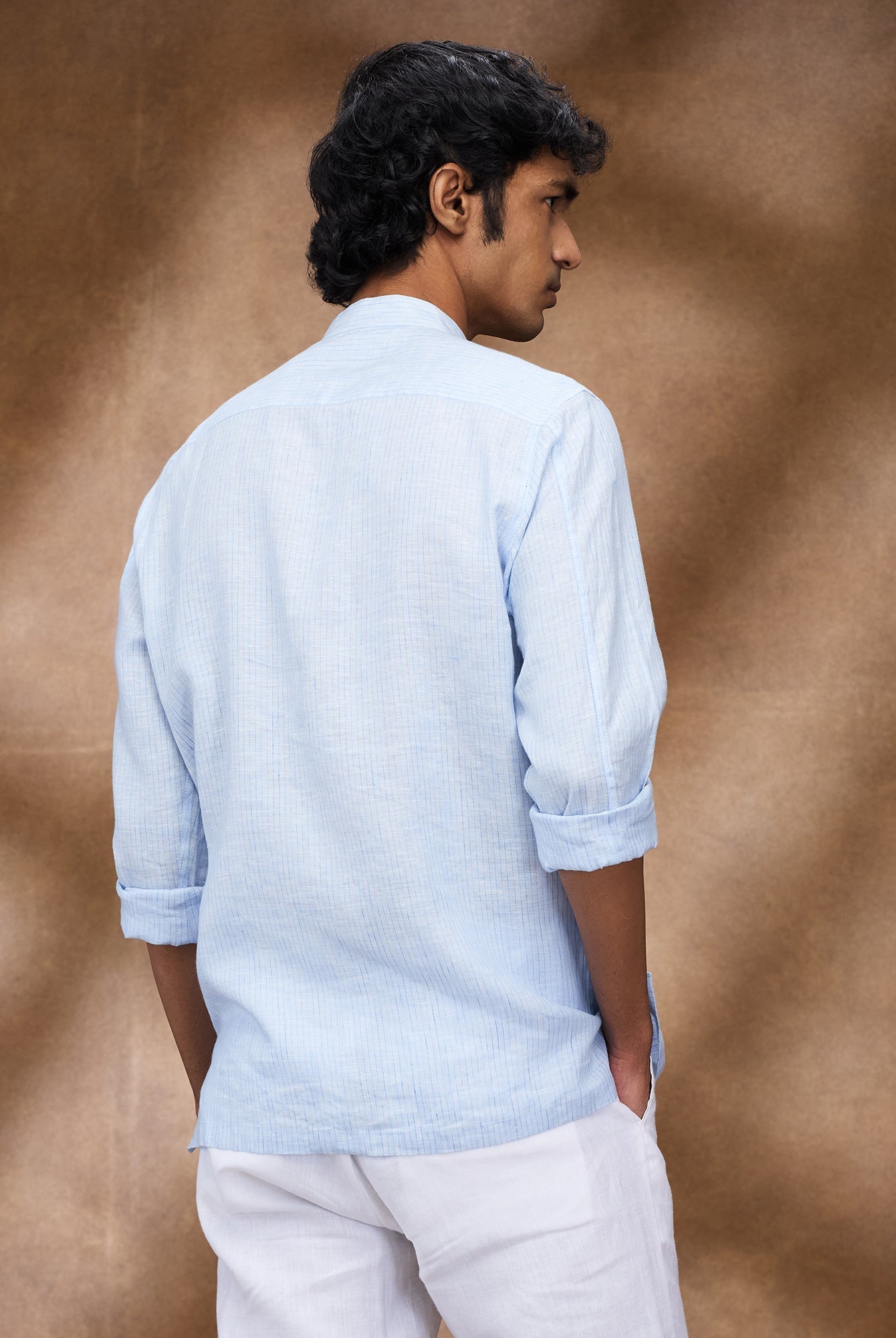 Blue Striped 100% Linen Short Kurta - CiceroniMen Shirtsbhrāta