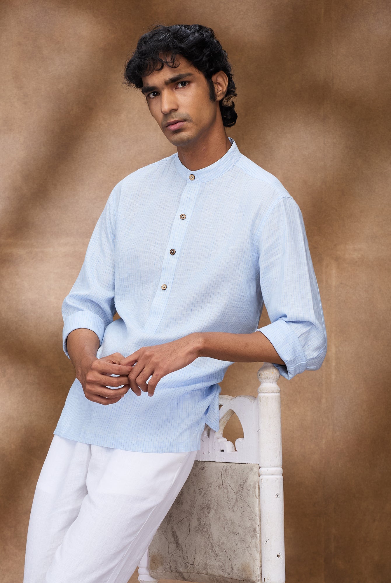 Blue Striped 100% Linen Short Kurta - CiceroniMen Shirtsbhrāta