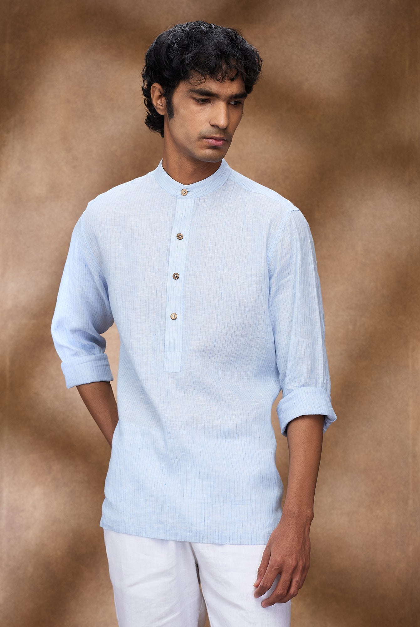 Blue Striped 100% Linen Short Kurta - CiceroniMen Shirtsbhrāta