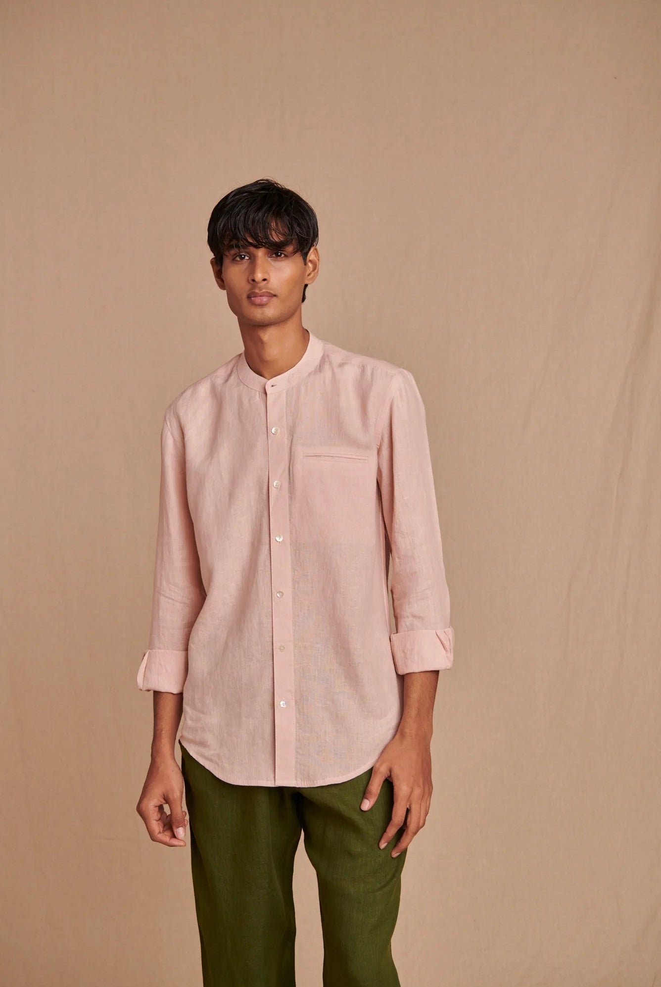 Blush Linen Men's Band Collar Shirt - Slim Fit - CiceroniShirtSaphed
