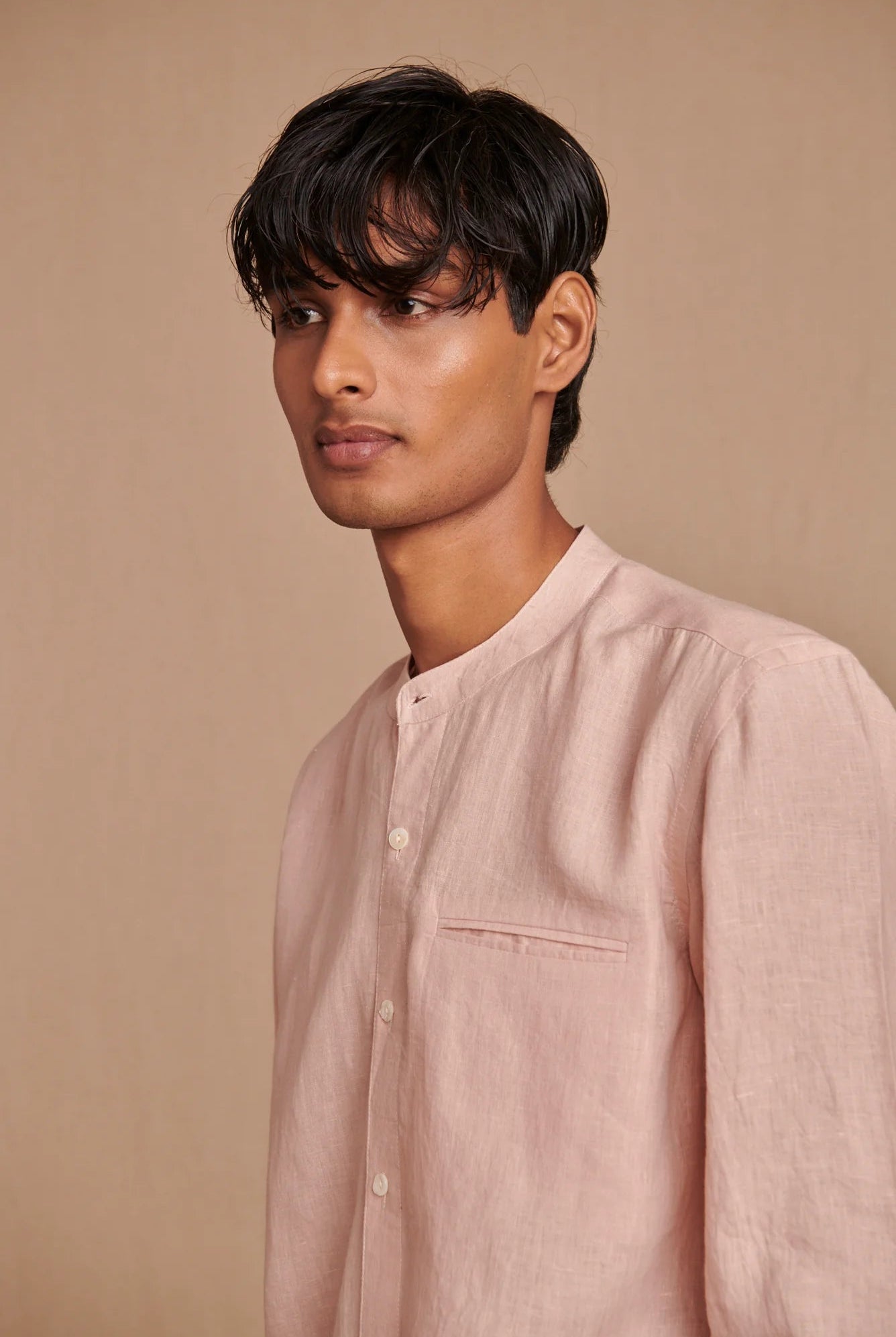 Blush Linen Men's Band Collar Shirt - Slim Fit - CiceroniShirtSaphed