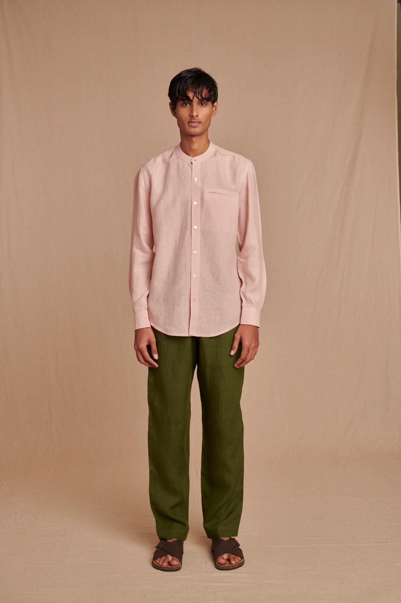 Blush Linen Men's Band Collar Shirt - Slim Fit - CiceroniShirtSaphed