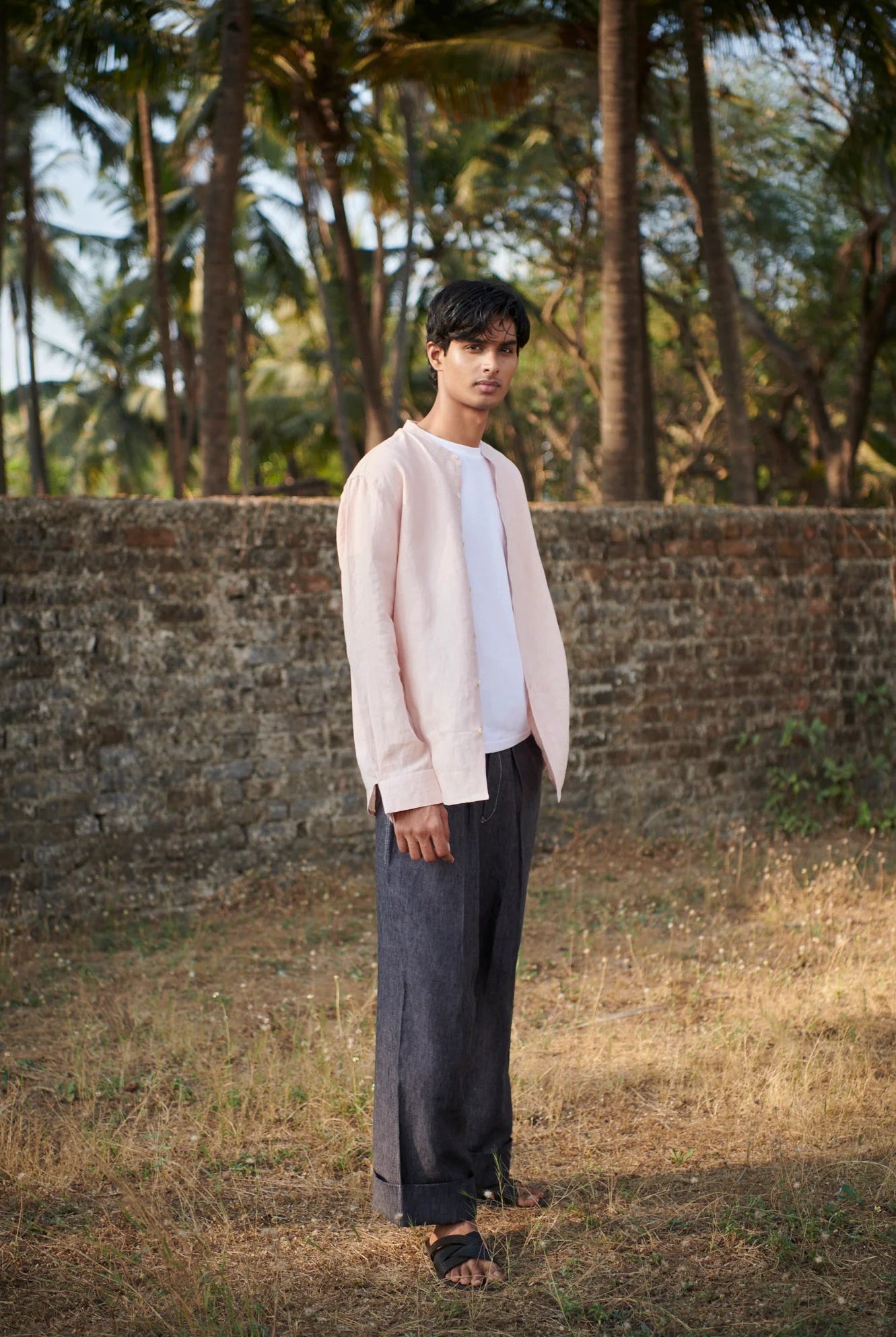 Blush Linen Men's Band Collar Shirt - CiceroniShirtSaphed