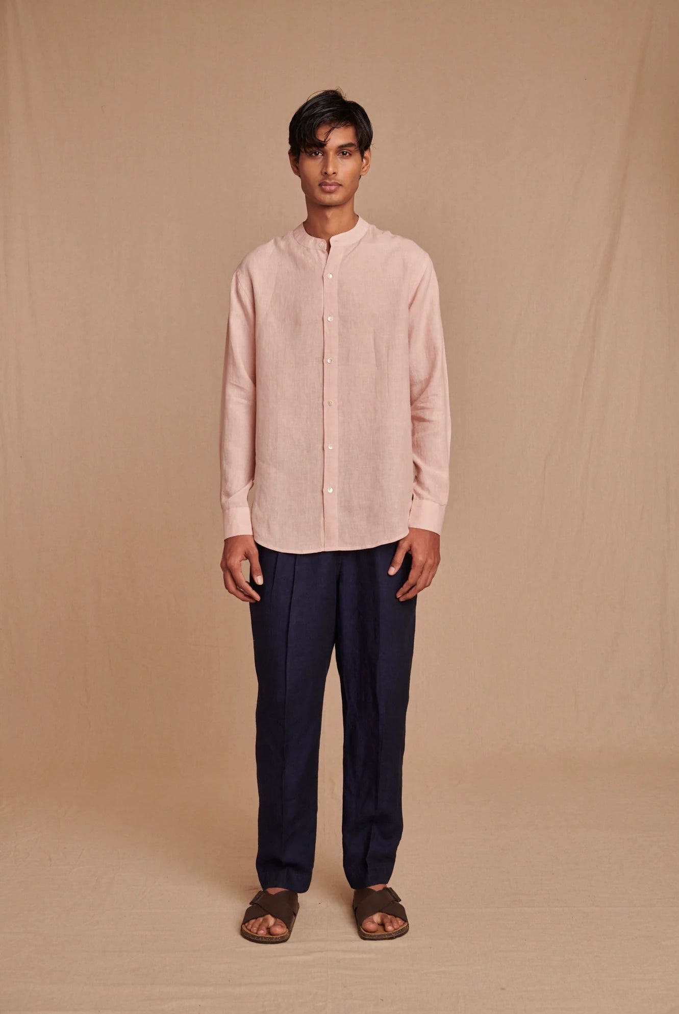 Blush Linen Men's Band Collar Shirt - CiceroniShirtSaphed
