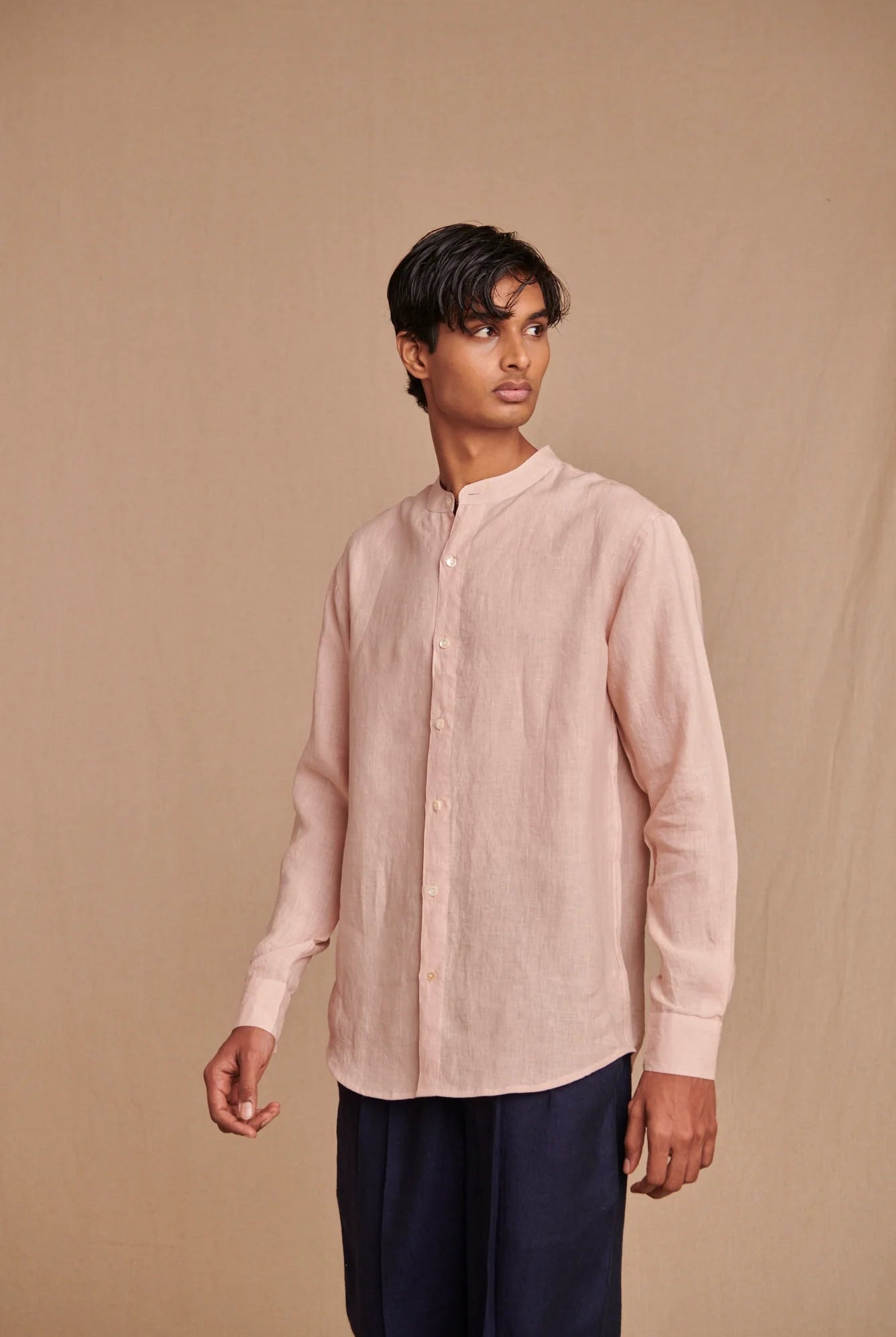Blush Linen Men's Band Collar Shirt - CiceroniShirtSaphed