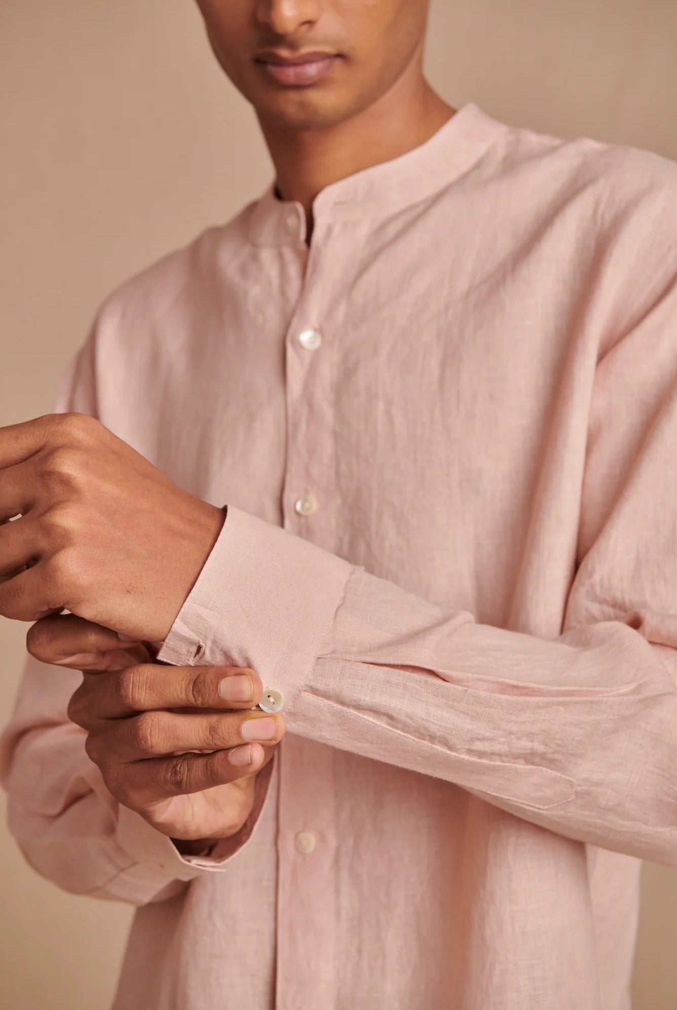 Blush Linen Men's Band Collar Shirt - CiceroniShirtSaphed