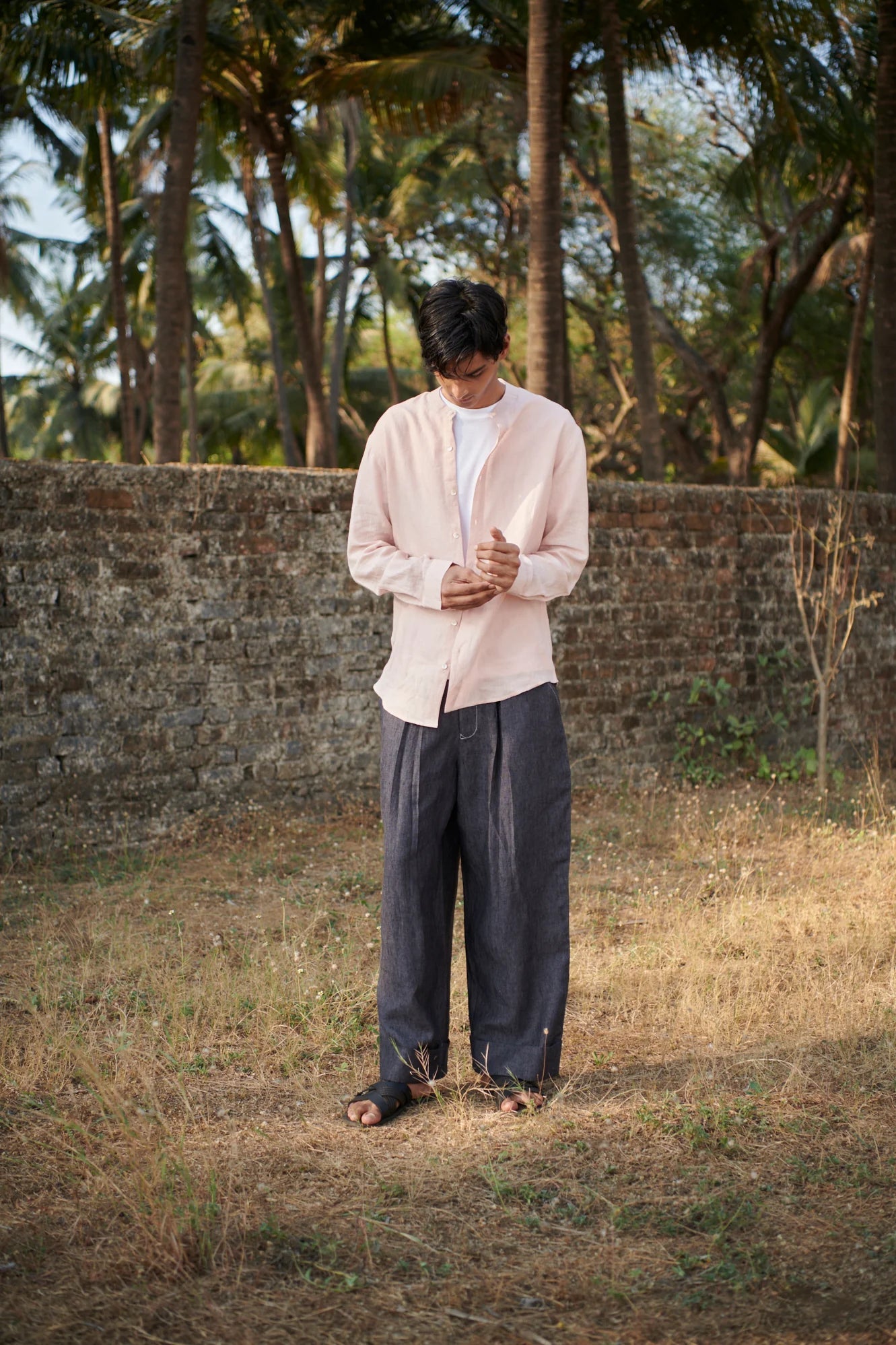 Blush Linen Men's Band Collar Shirt - CiceroniShirtSaphed