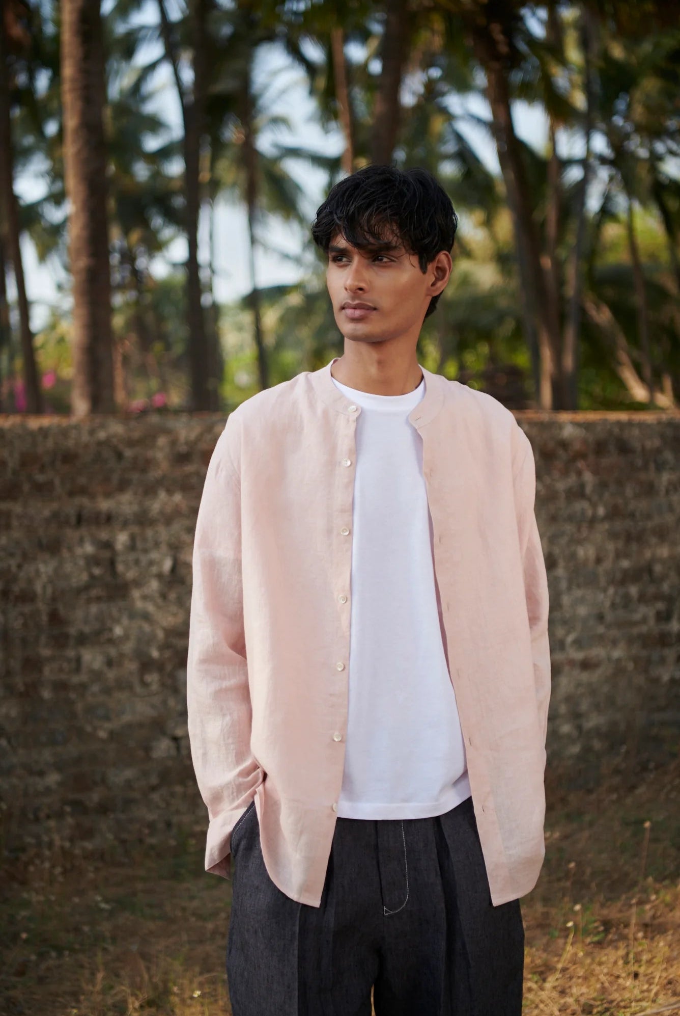 Blush Linen Men's Band Collar Shirt - CiceroniShirtSaphed