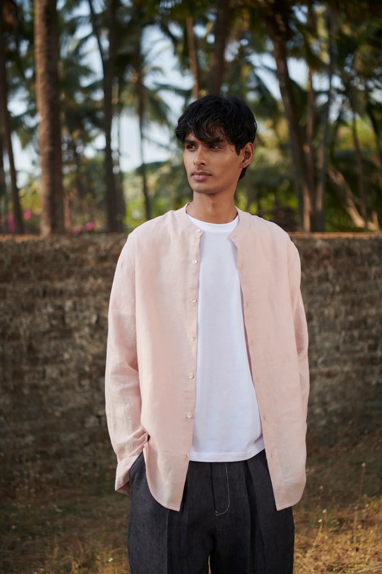 Blush Linen Men's Band Collar Shirt - CiceroniShirtSaphed