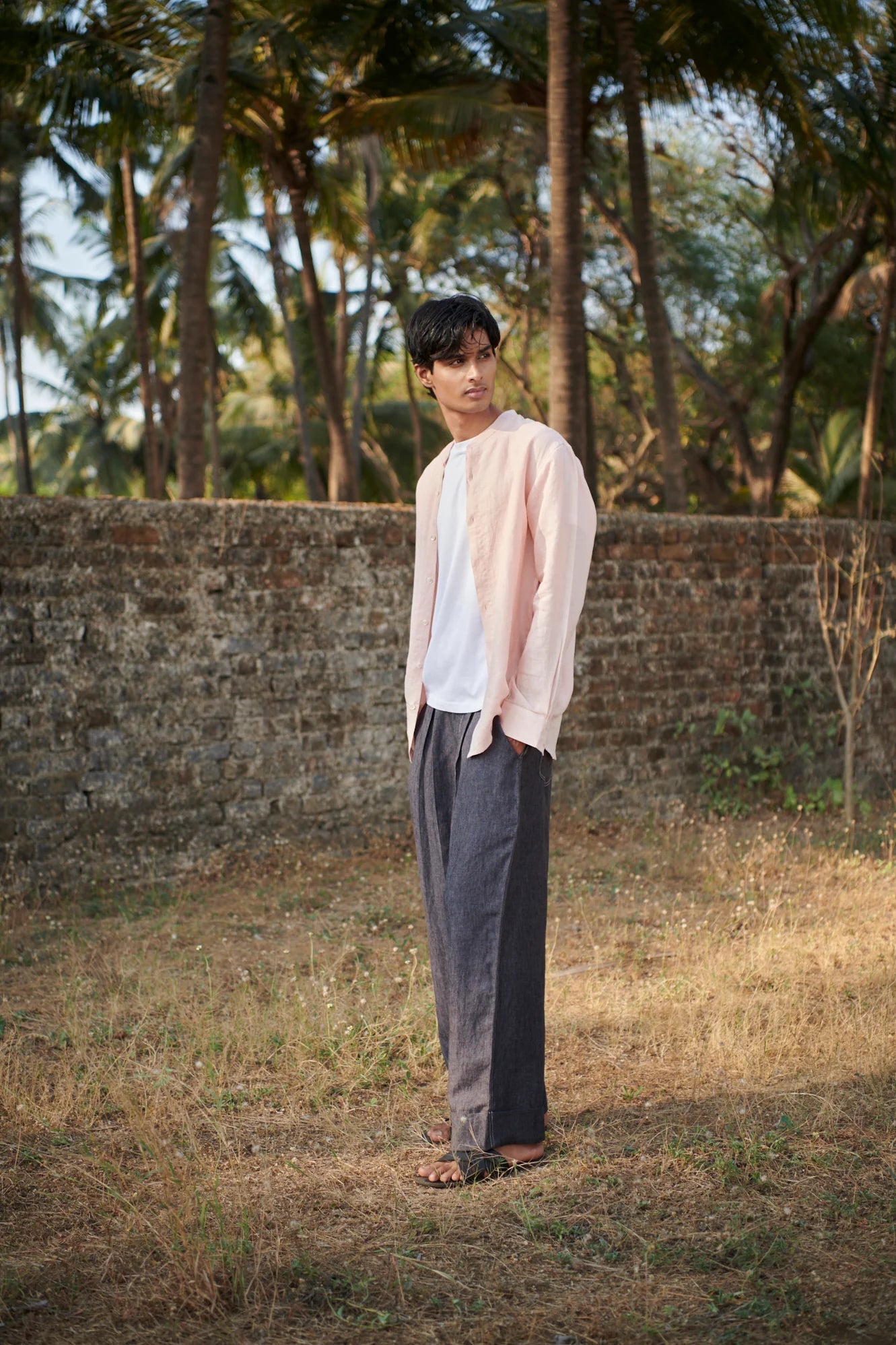 Blush Linen Men's Band Collar Shirt - CiceroniShirtSaphed