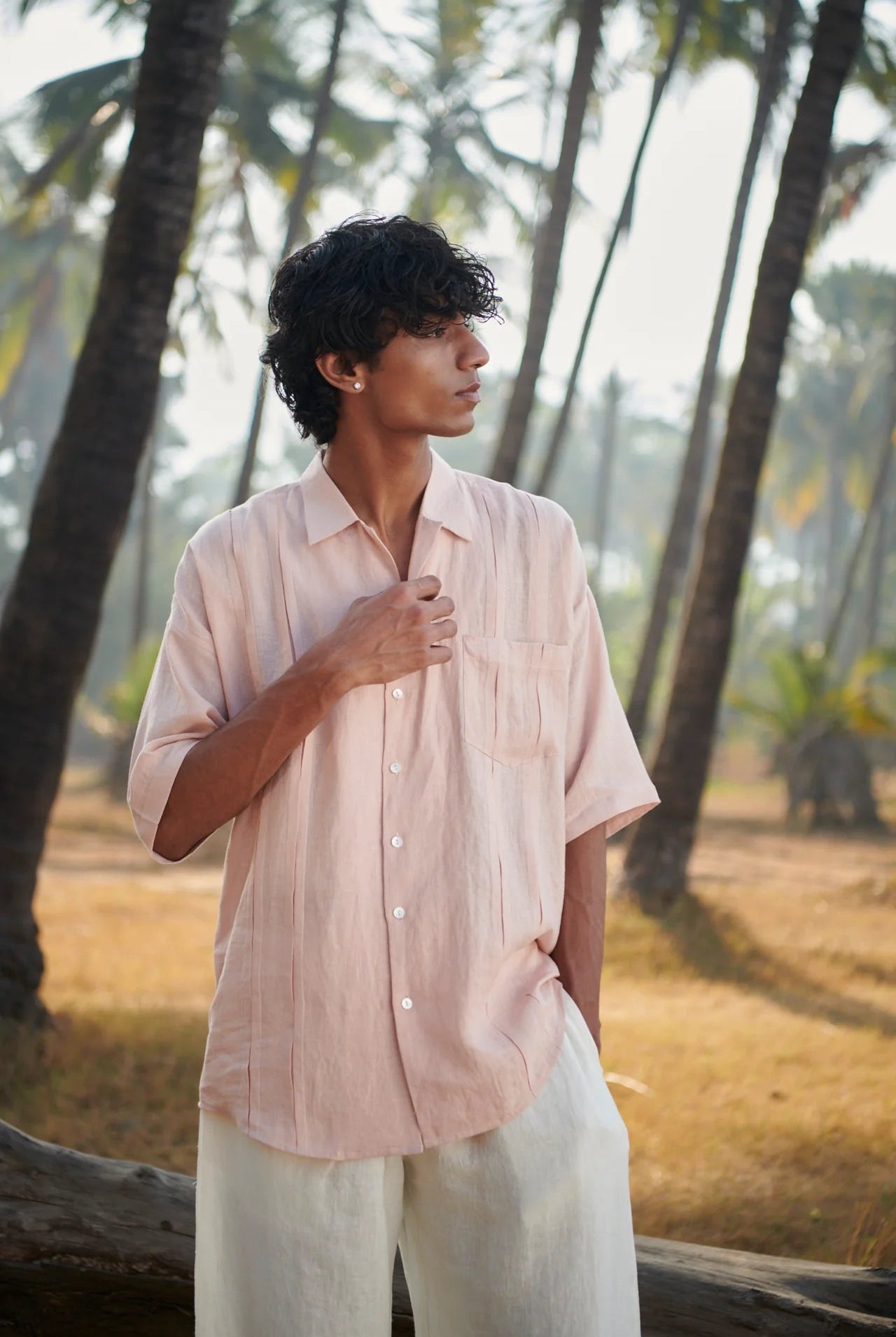 Blush Linen Men's Pleated Camp Collar Shirt - CiceroniMen ShirtsSaphed