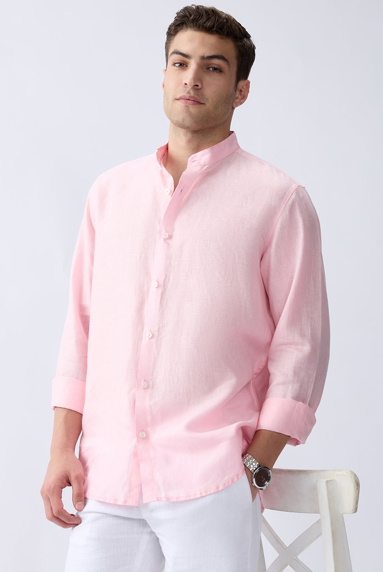Blush Pink Mandarin 100% Pure Linen Shirt - CiceroniMen Shirtsbhrāta