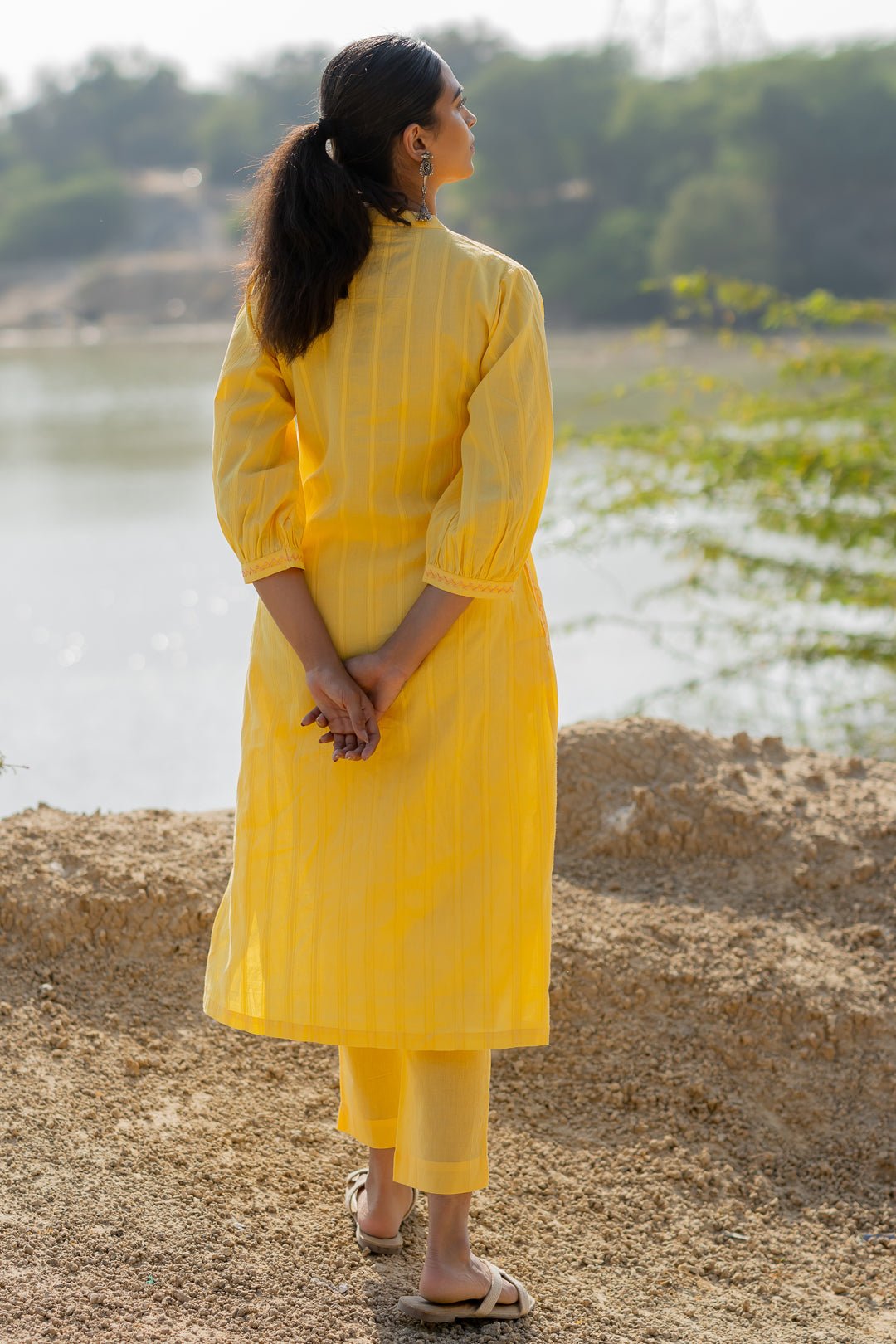 Butter Yellow Pintucks Kurta Set with Peach Jaamdani Dupatta - CiceroniKurta Set, Everyday WearMaidaan