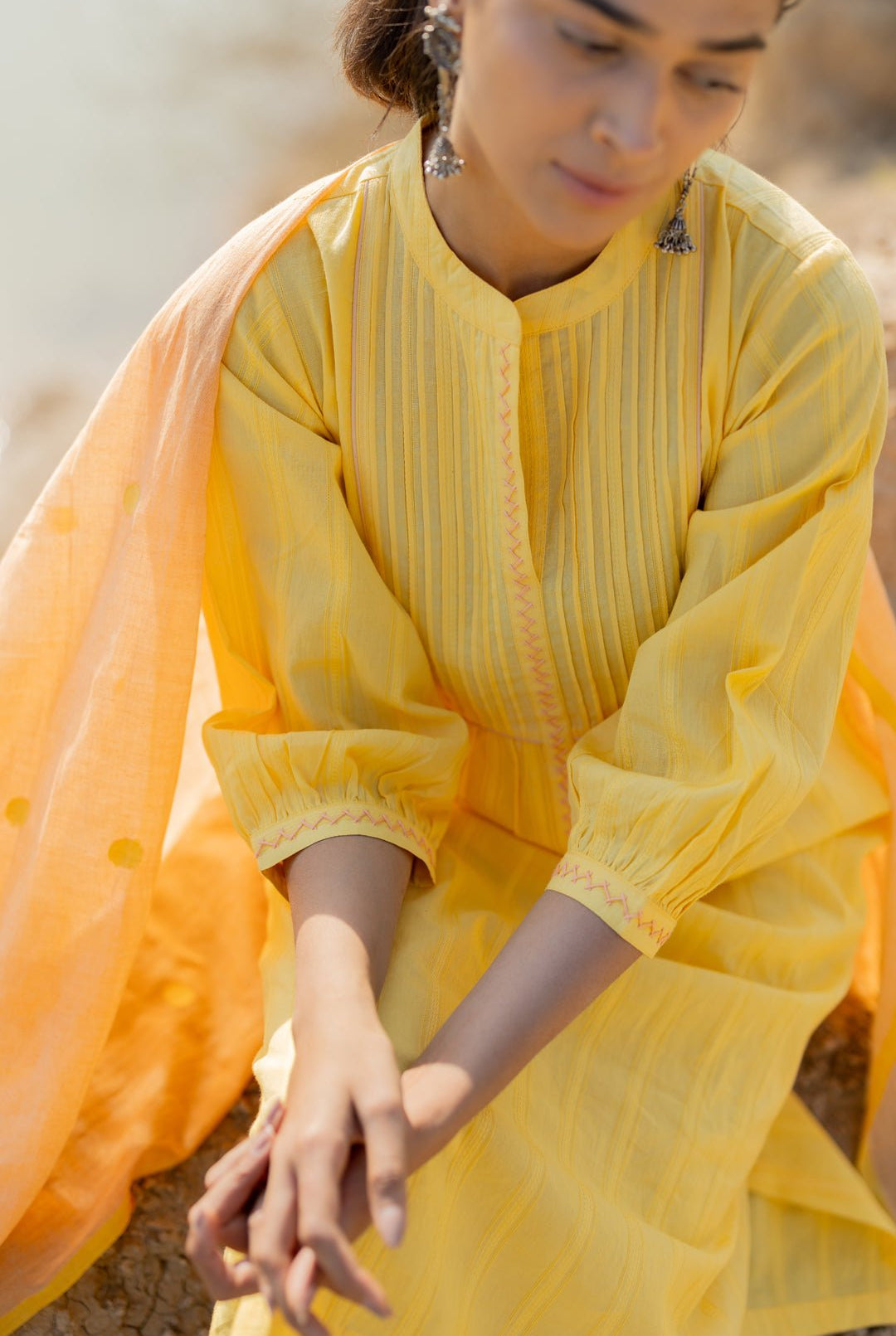 Butter Yellow Pintucks Kurta Set with Peach Jaamdani Dupatta - CiceroniKurta Set, Everyday WearMaidaan