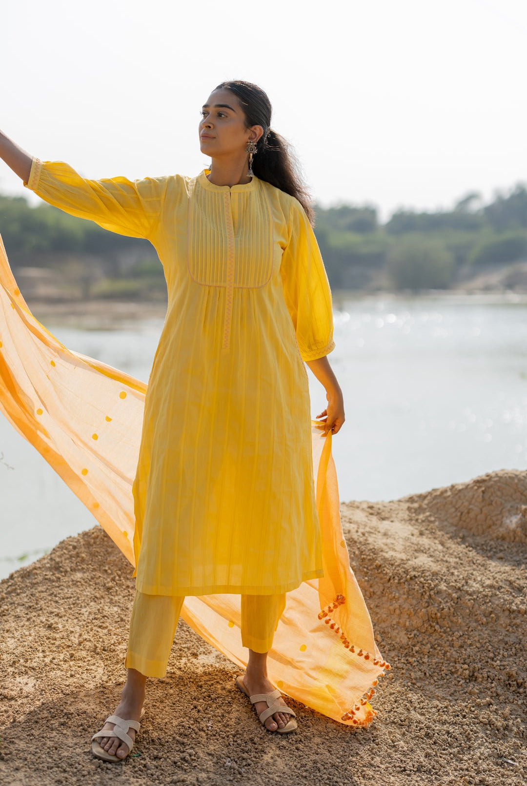 Butter Yellow Pintucks Kurta Set with Peach Jaamdani Dupatta - CiceroniKurta Set, Everyday WearMaidaan