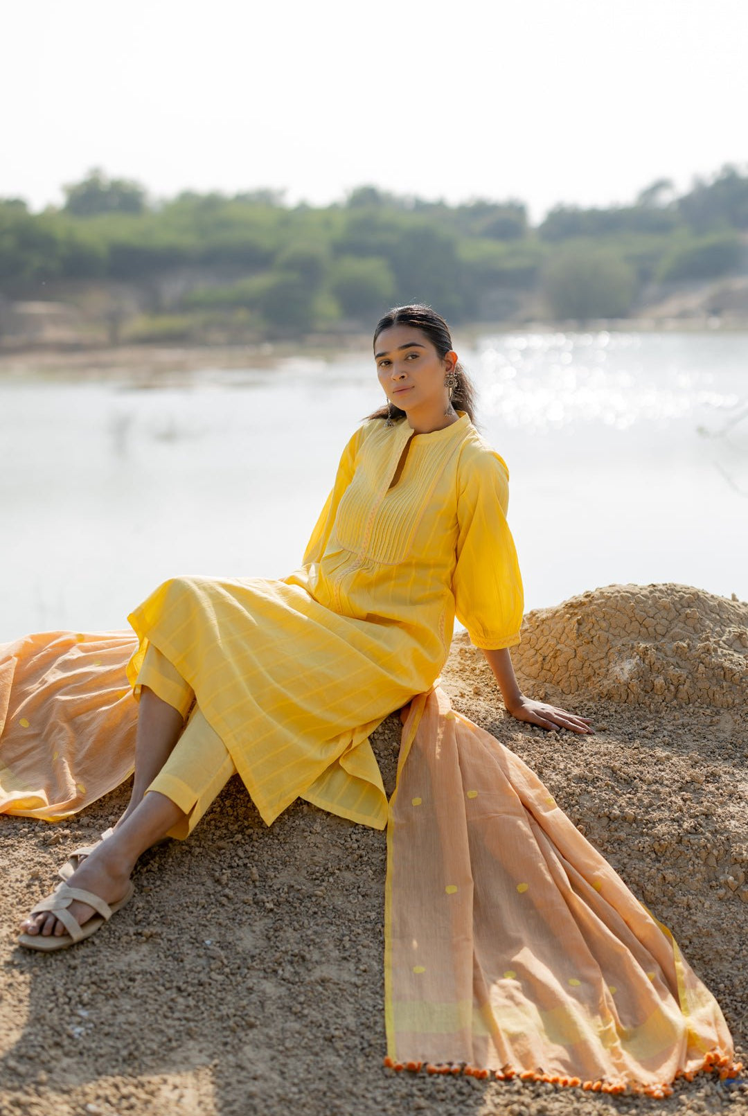 Butter Yellow Pintucks Kurta Set with Peach Jaamdani Dupatta - CiceroniKurta Set, Everyday WearMaidaan