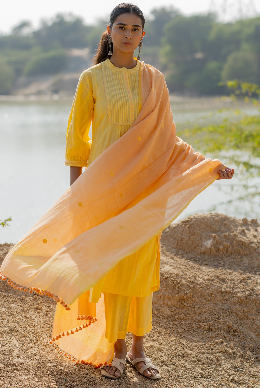 Butter Yellow Pintucks Kurta Set with Peach Jaamdani Dupatta - CiceroniKurta Set, Everyday WearMaidaan