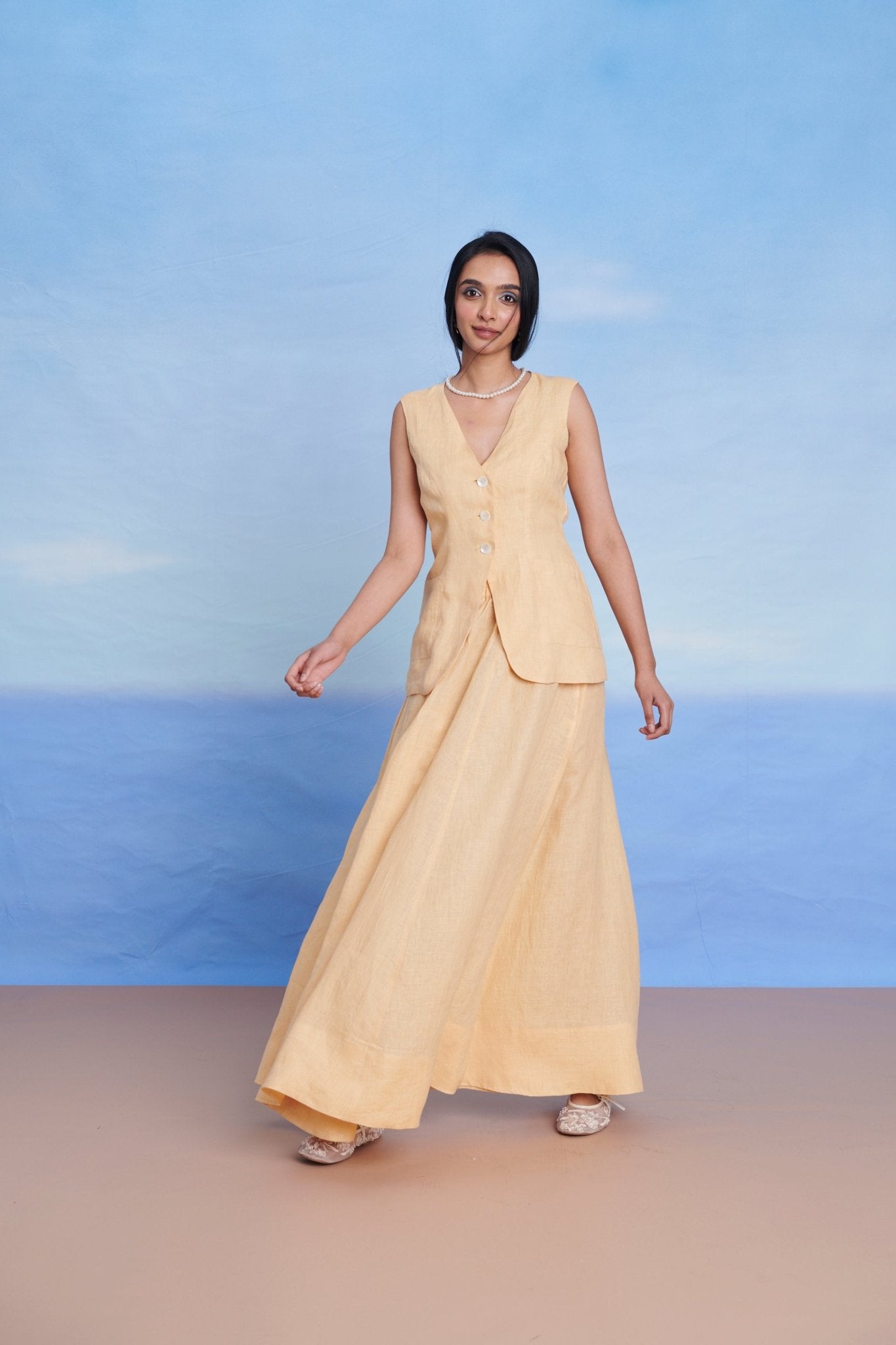 Butterscotch Linen V - neck Vest & Maxi Skirt Set - CiceroniSkirt SetSaphed