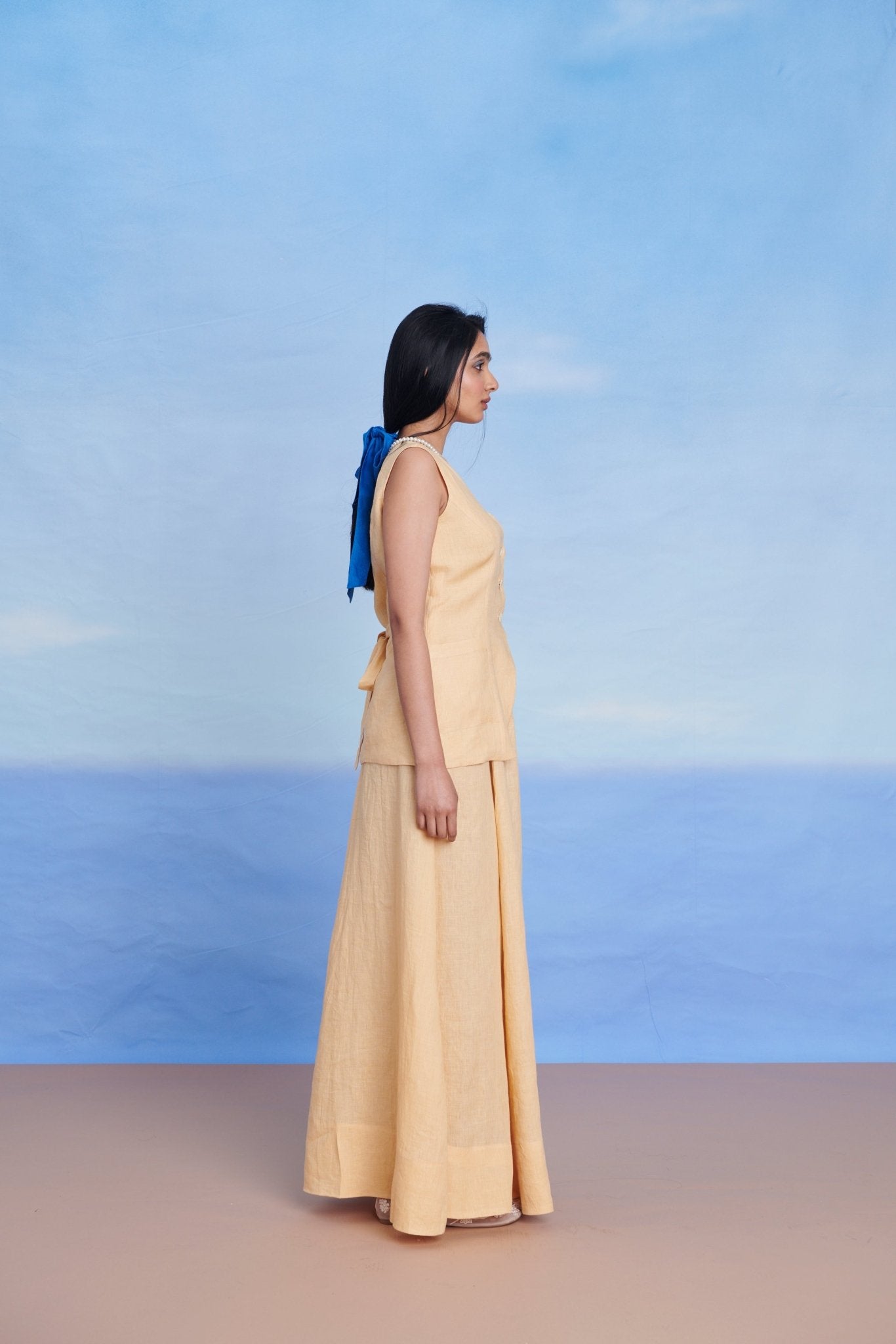 Butterscotch Linen V - neck Vest & Maxi Skirt Set - CiceroniSkirt SetSaphed