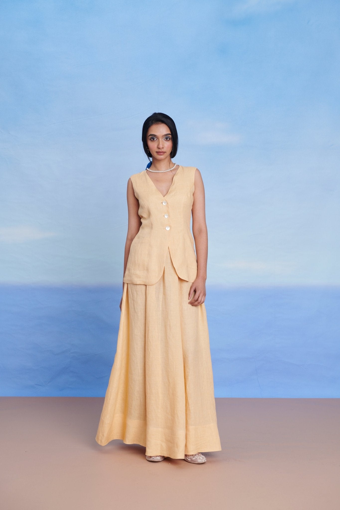 Butterscotch Linen V - neck Vest & Maxi Skirt Set - CiceroniSkirt SetSaphed
