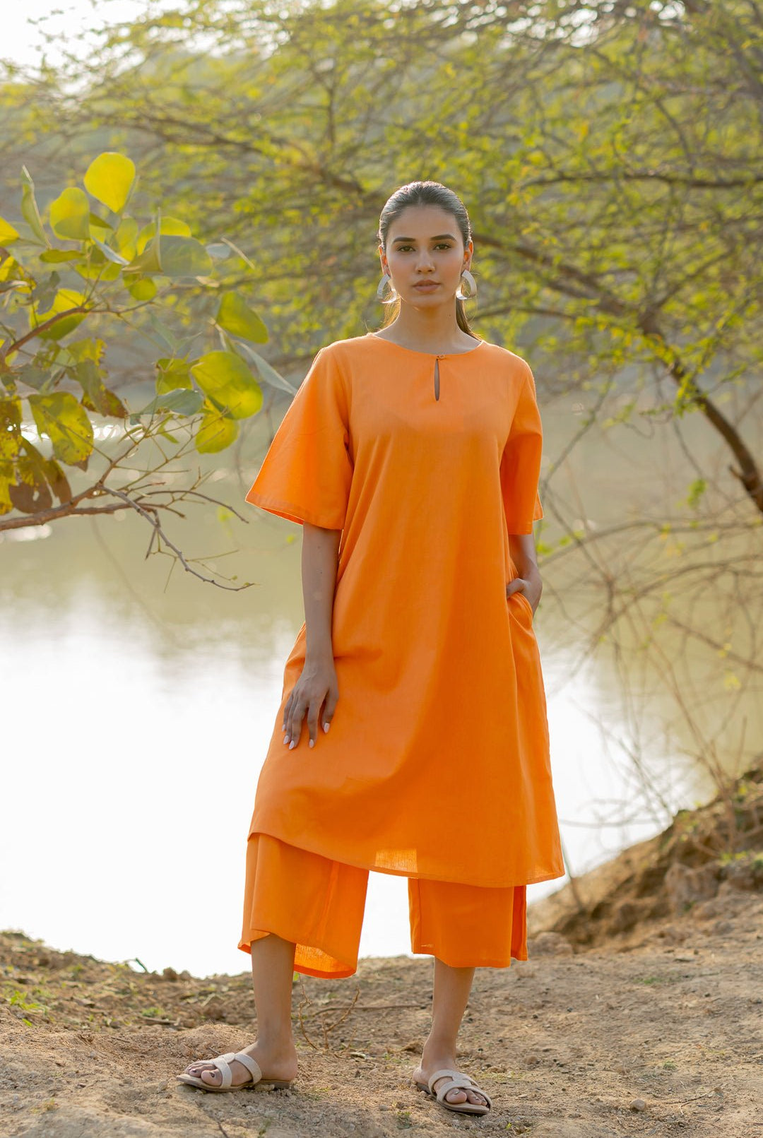 Carrot Orange Kurta and Culottes Set with Jaamdani Scarf - CiceroniKurta Set, Everyday WearMaidaan