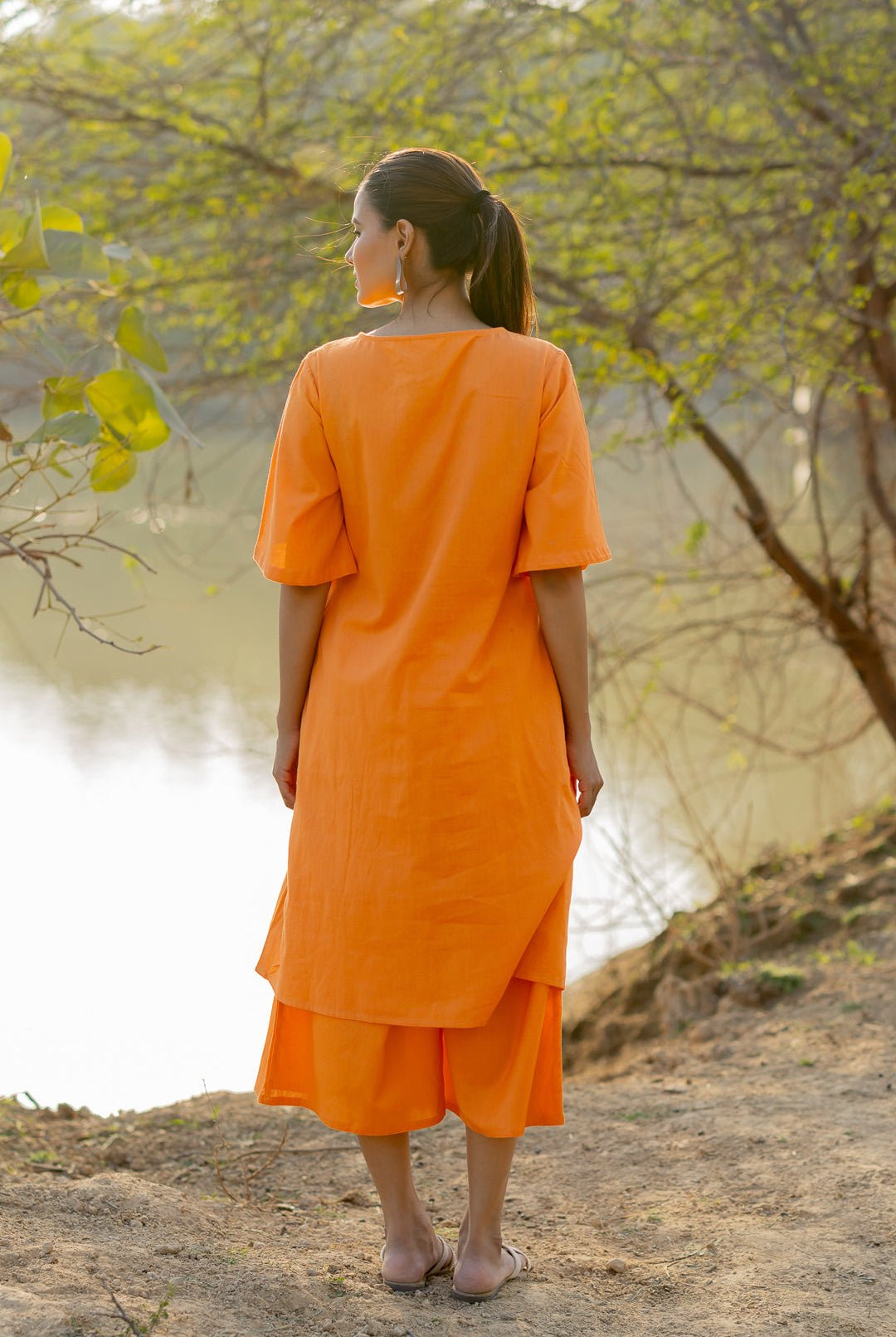 Carrot Orange Kurta and Culottes Set with Jaamdani Scarf - CiceroniKurta Set, Everyday WearMaidaan