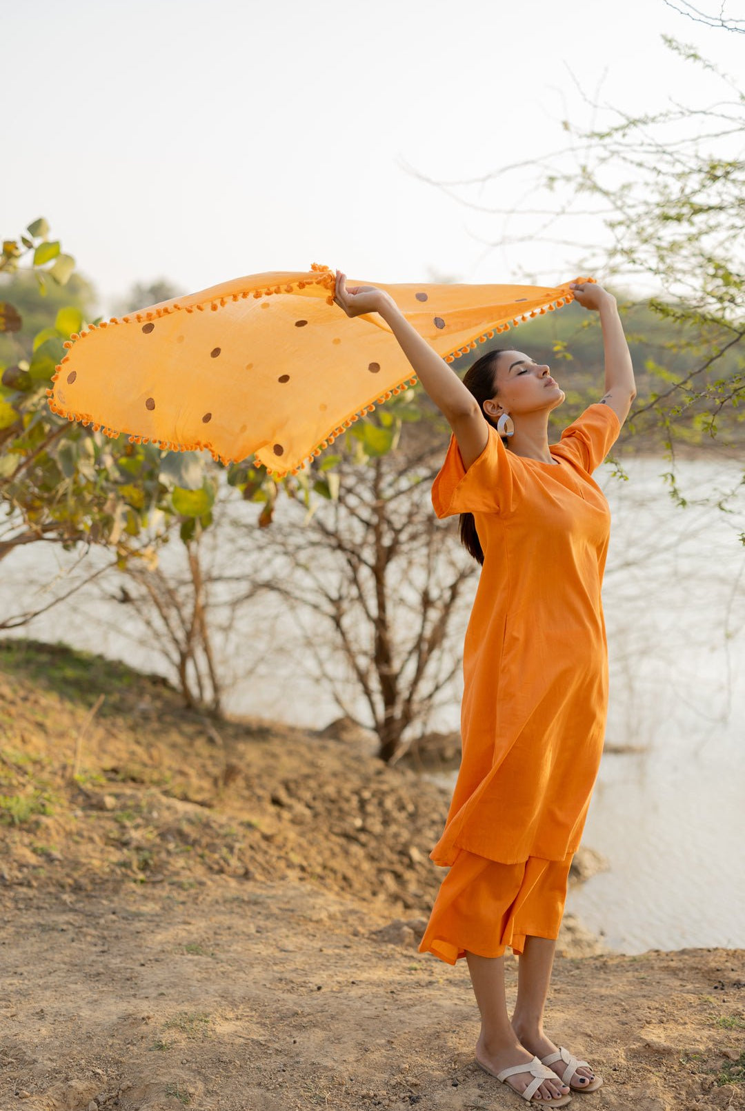 Carrot Orange Kurta and Culottes Set with Jaamdani Scarf - CiceroniKurta Set, Everyday WearMaidaan