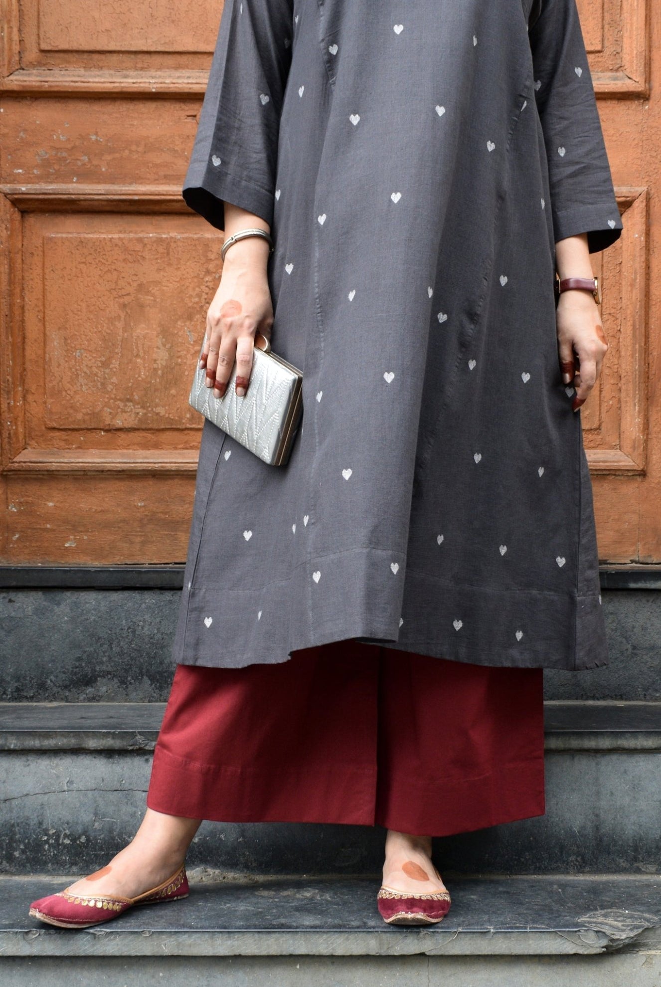 Charcoal Jamdani Phiran with Maroon Pyjama - CiceroniKurta Set, Everyday WearHouse of Moxa