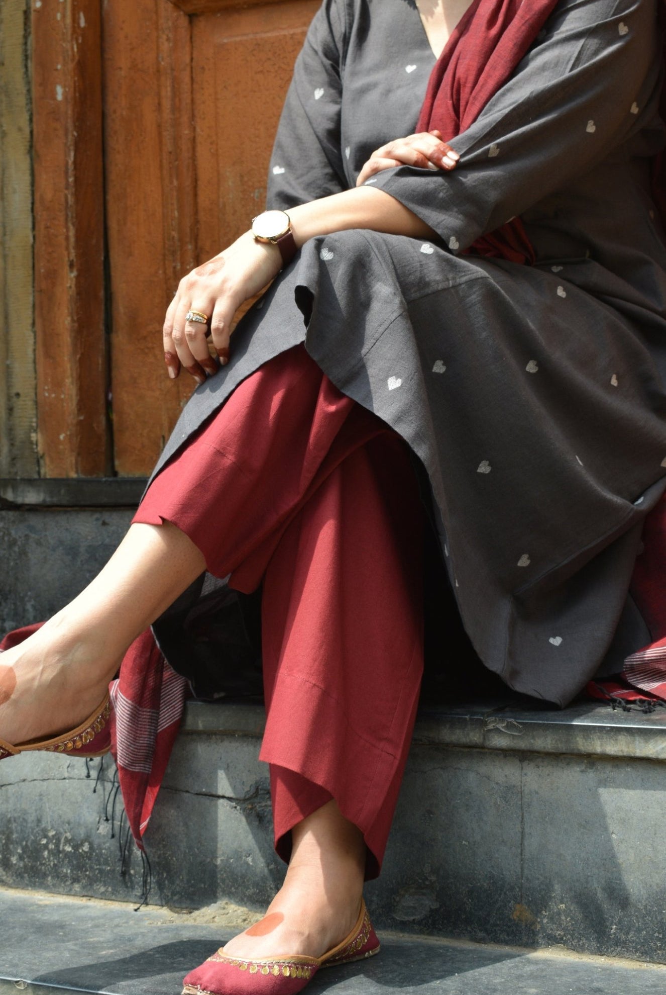 Charcoal Jamdani Phiran with Maroon Pyjama - CiceroniKurta Set, Everyday WearHouse of Moxa