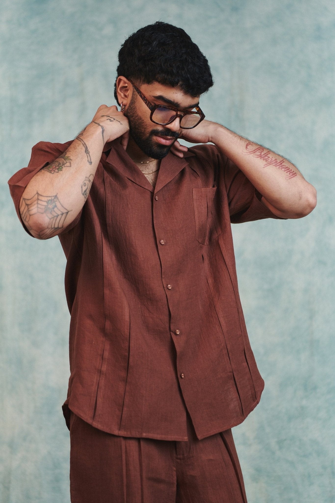 Chocolate Linen Men's Pleated Camp Collar Shirt - CiceroniMen ShirtsSaphed