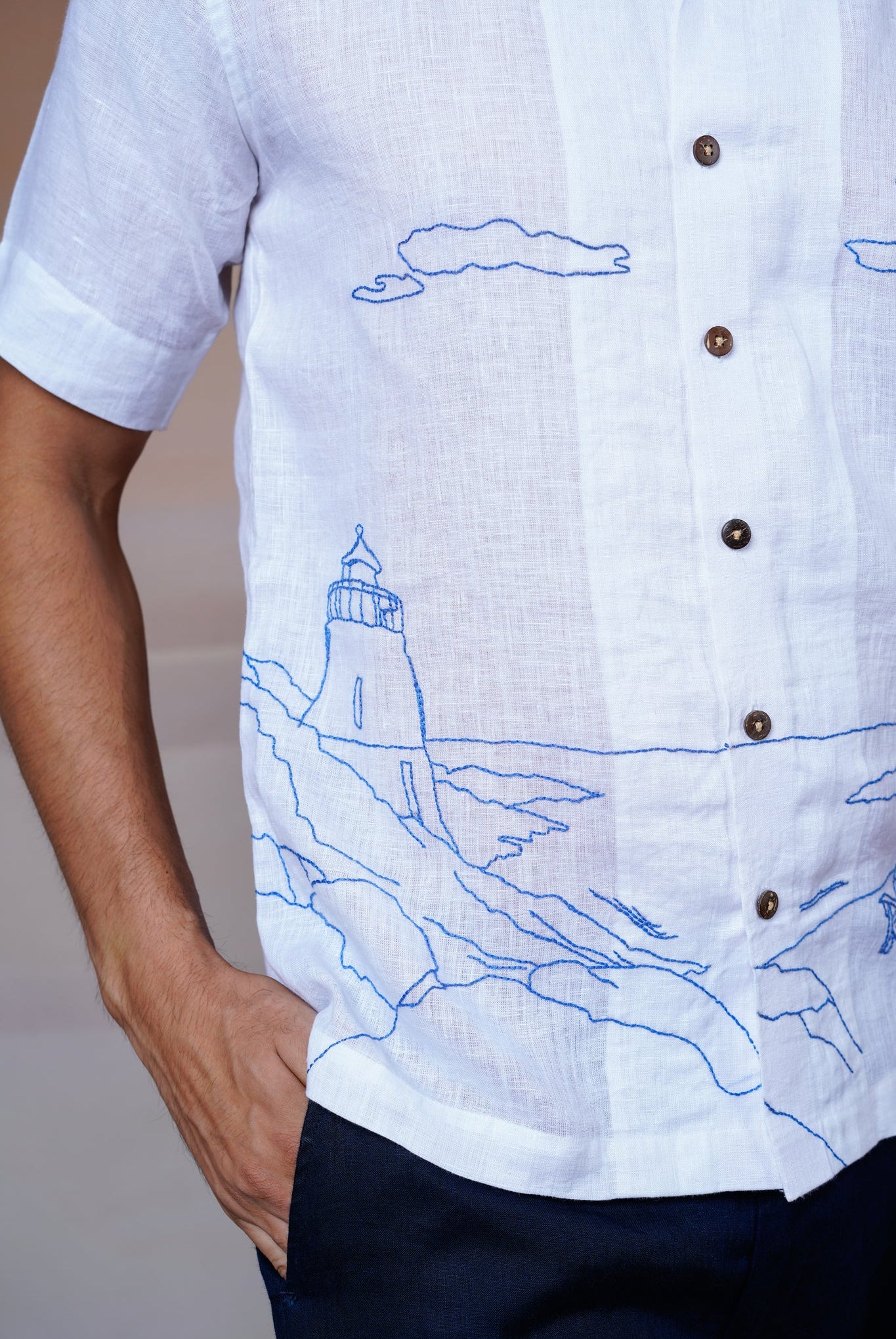 Coastal Charm - Hand Embroidered Unisex Linen Shirt - CiceroniShirtsCultura Studio