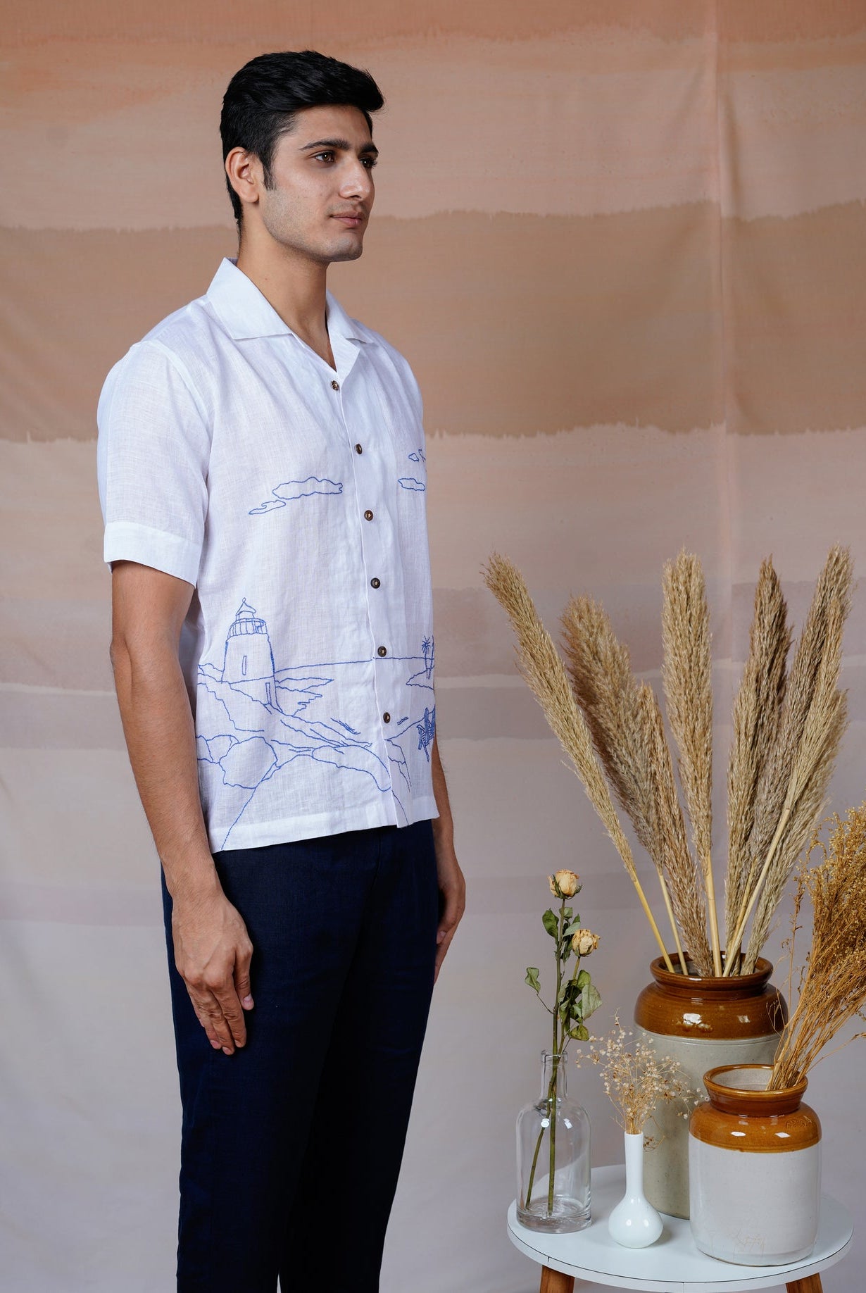 Coastal Charm - Hand Embroidered Unisex Linen Shirt - CiceroniShirtsCultura Studio