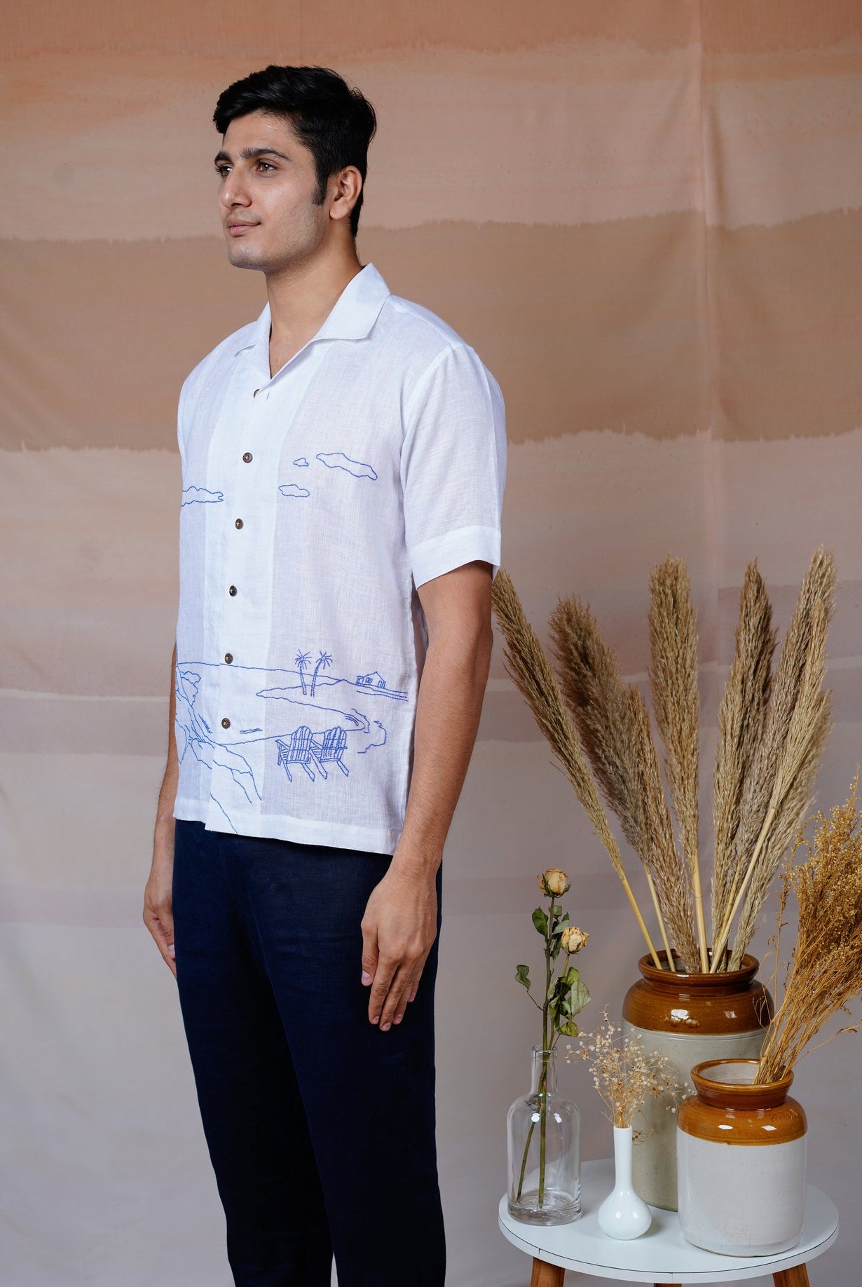 Coastal Charm - Hand Embroidered Unisex Linen Shirt - CiceroniShirtsCultura Studio