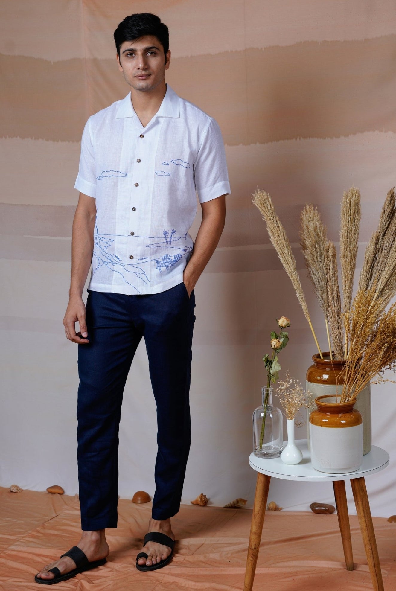 Coastal Charm - Hand Embroidered Unisex Linen Shirt - CiceroniShirtsCultura Studio