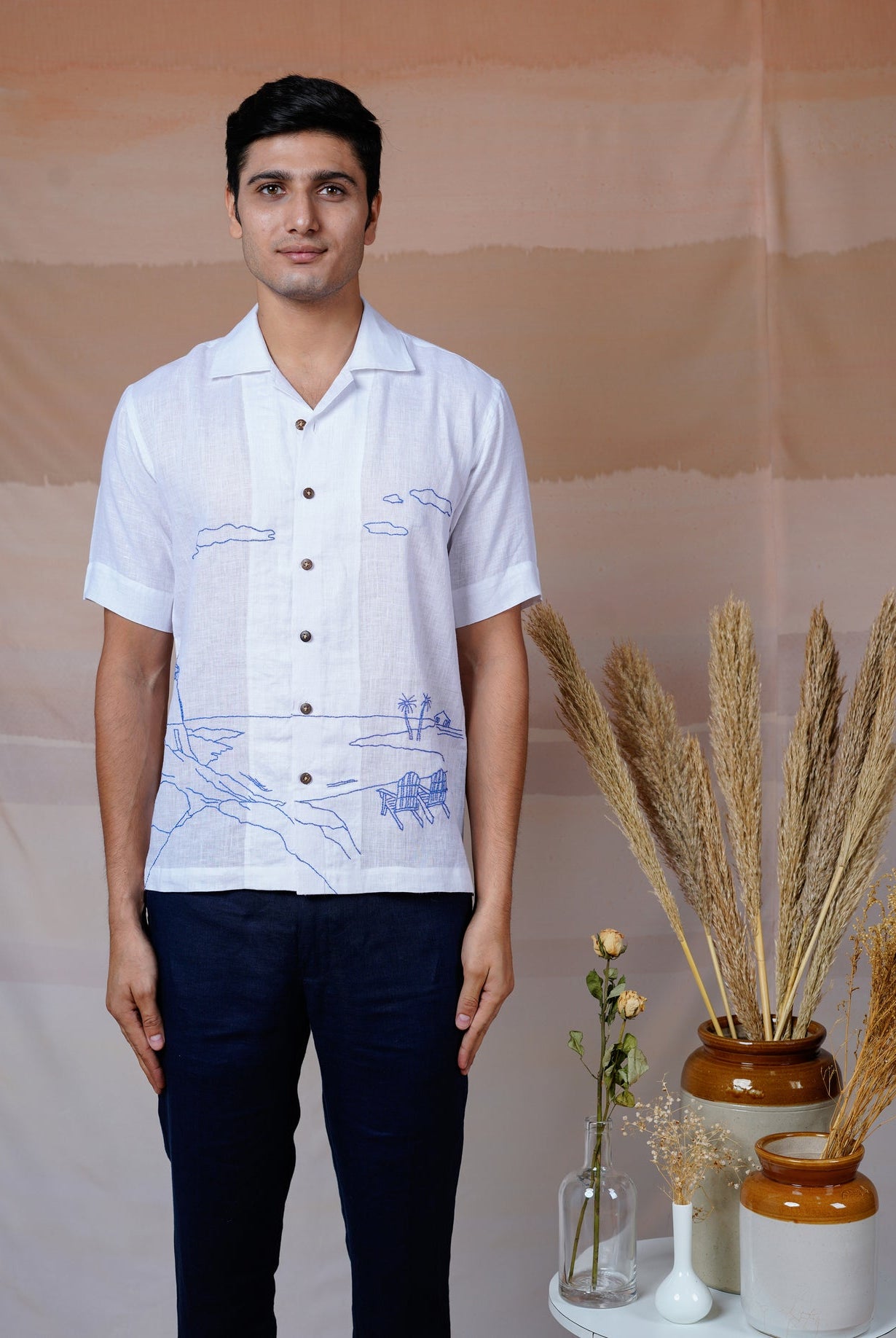Coastal Charm - Hand Embroidered Unisex Linen Shirt - CiceroniShirtsCultura Studio