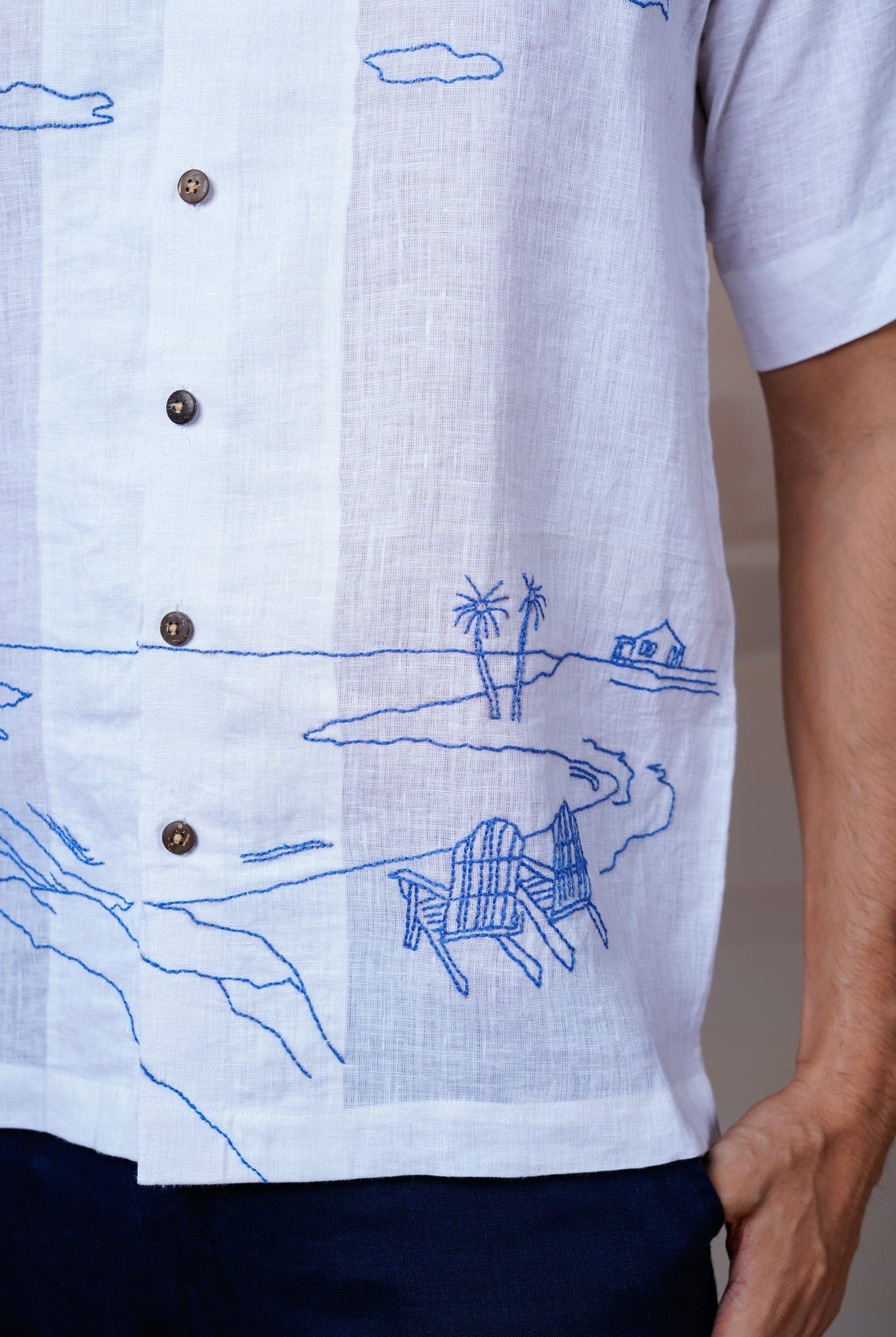 Coastal Charm - Hand Embroidered Unisex Linen Shirt - CiceroniShirtsCultura Studio