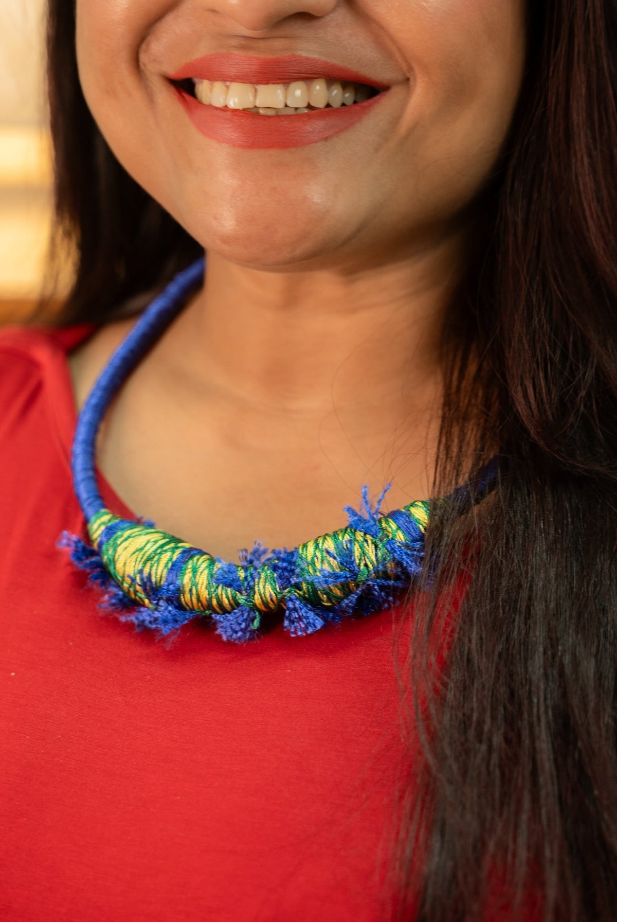 Cobalt Cord Necklace with Fringe Yarn Bib - CiceroniNeckpieceBoundless by Shilpi