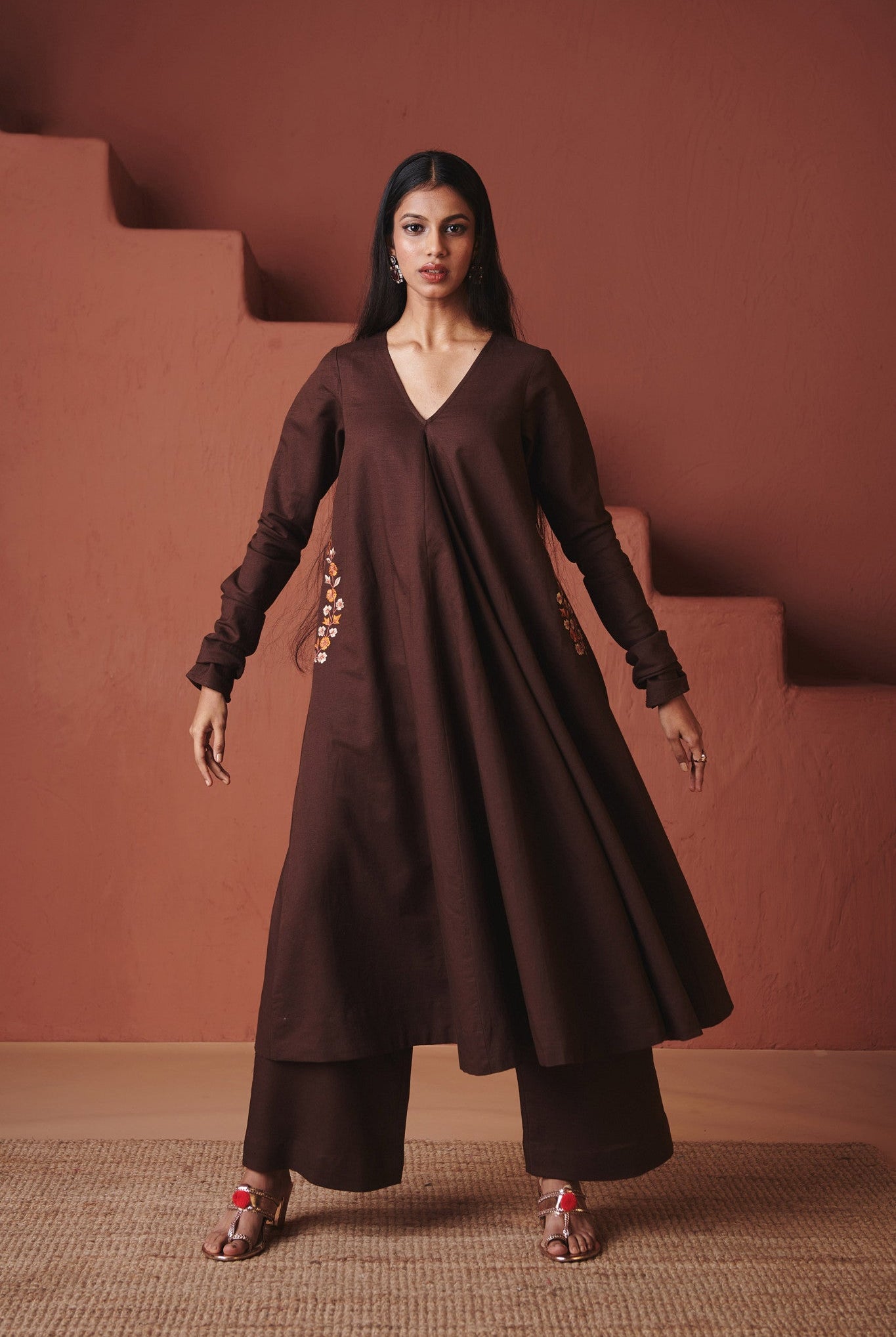 Coffee Co - Linen Embroidered Pocket Kurta Set - CiceroniKurta Set, Everyday WearSaphed