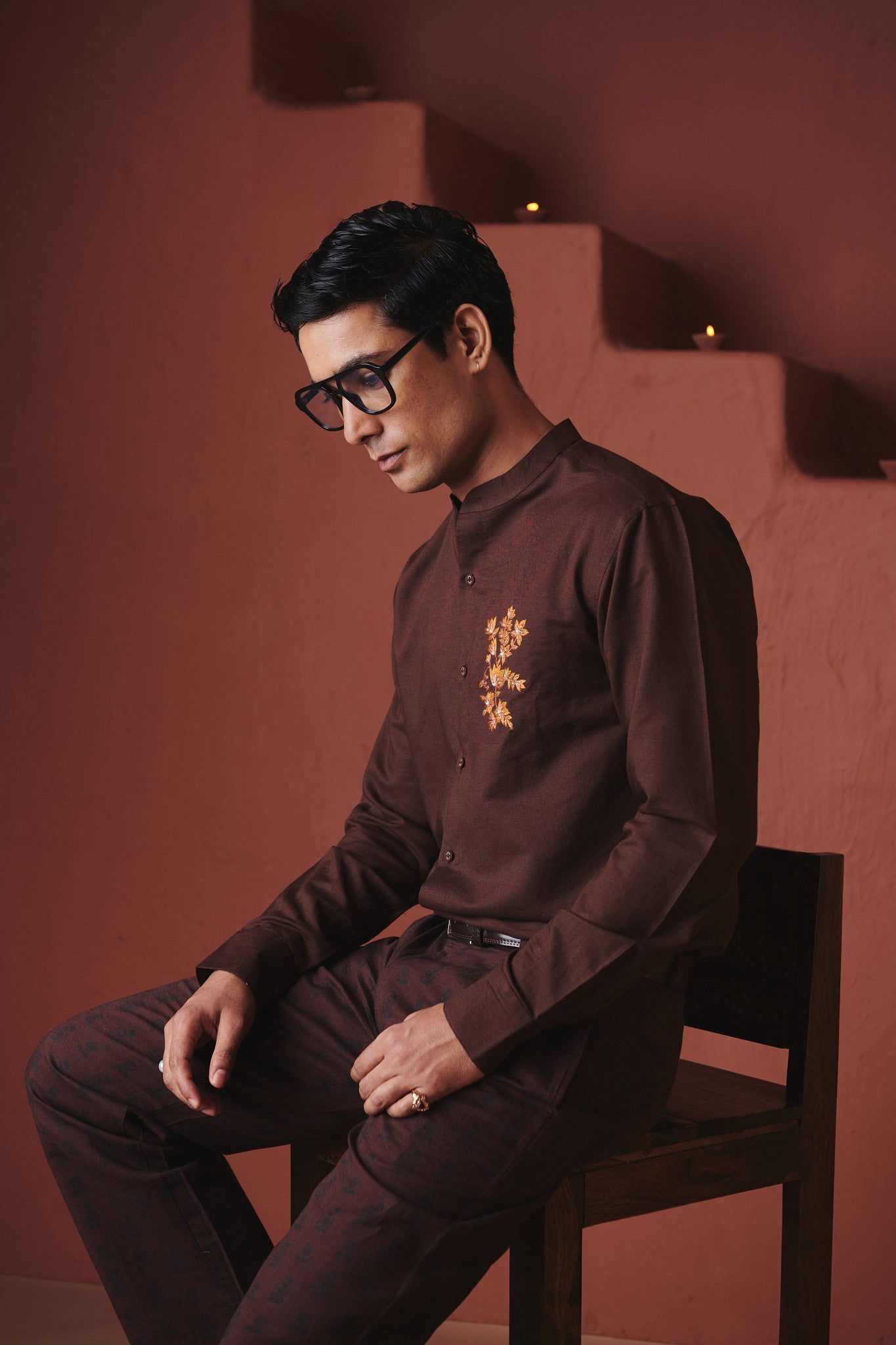 Coffee Co - Linen Men's Band Collar Shirt – Slim Fit - CiceroniMen ShirtsSaphed