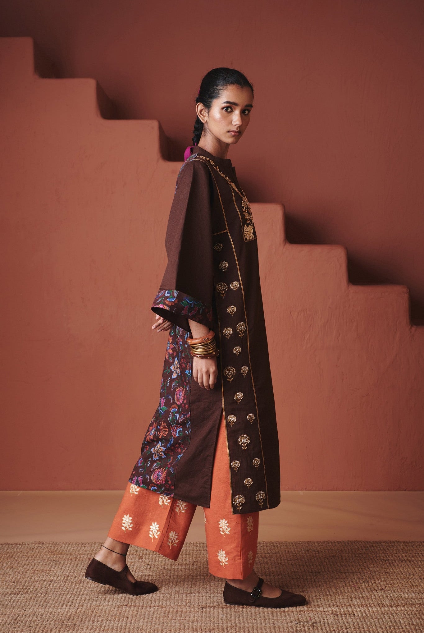 Coffee Co - Linen Multi - Panelled Kurta Set - CiceroniWomen PantsSaphed