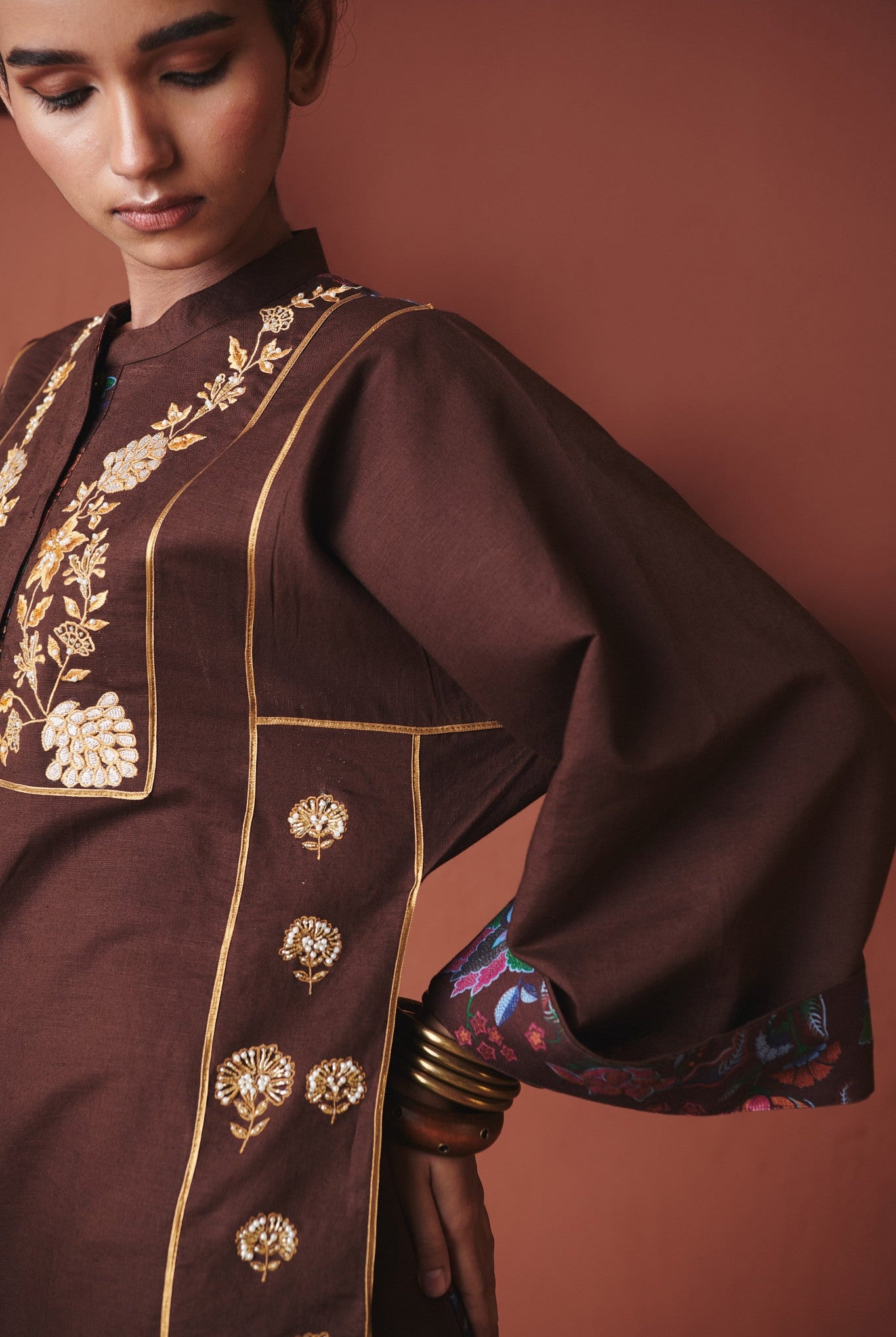 Coffee Co - Linen Multi - Panelled Kurta Set - CiceroniWomen PantsSaphed