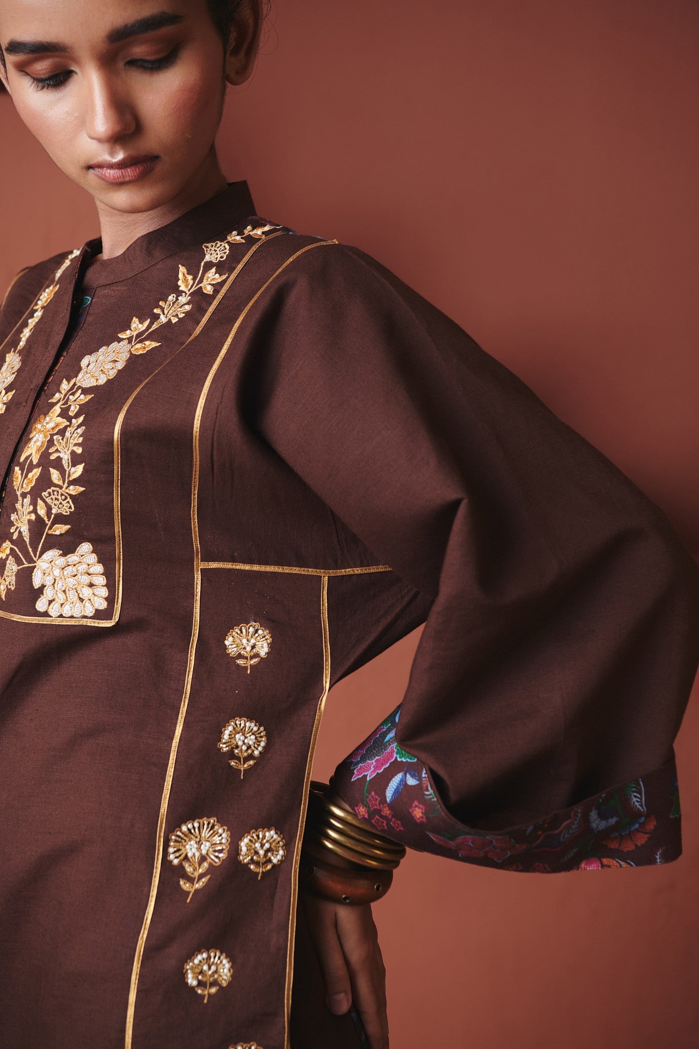 Coffee Co - Linen Multi - Panelled Kurta Set - CiceroniWomen PantsSaphed