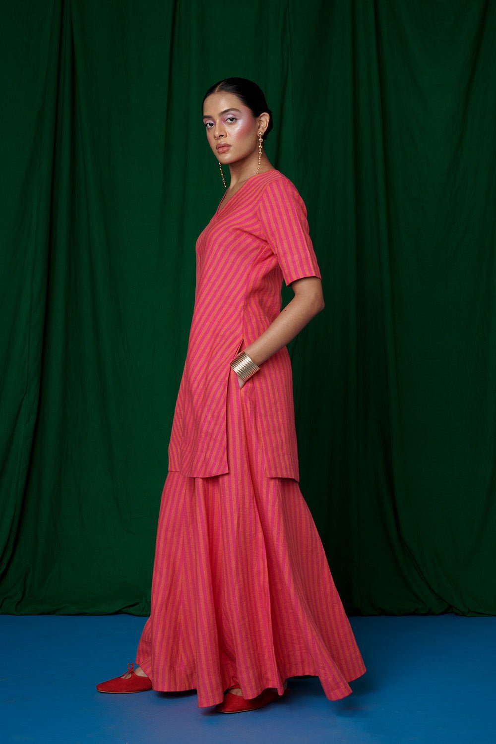 Coral Linen Sharara Set with Dupatta - CiceroniKurta Set, Festive WearSaphed