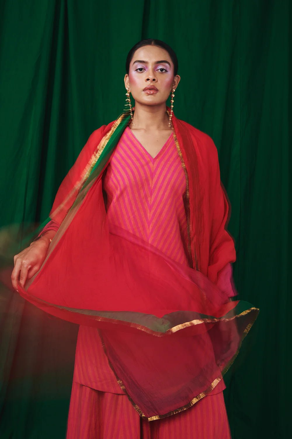 Coral Linen Sharara Set with Dupatta - CiceroniKurta Set, Festive WearSaphed