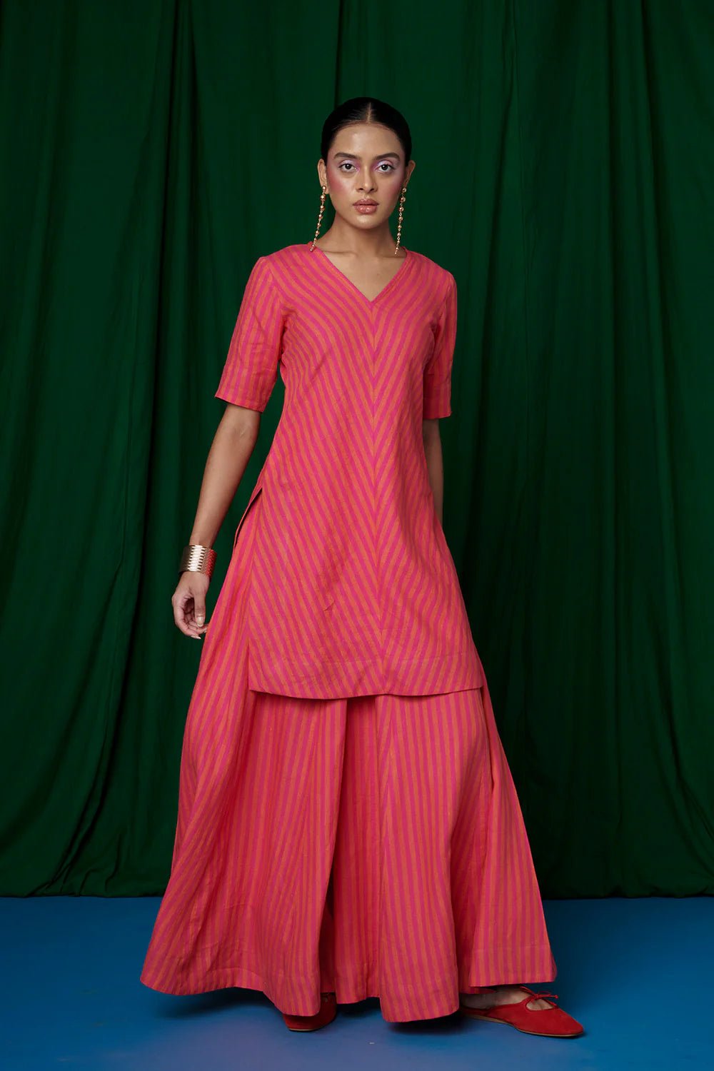 Coral Linen Sharara Set with Dupatta - CiceroniKurta Set, Festive WearSaphed