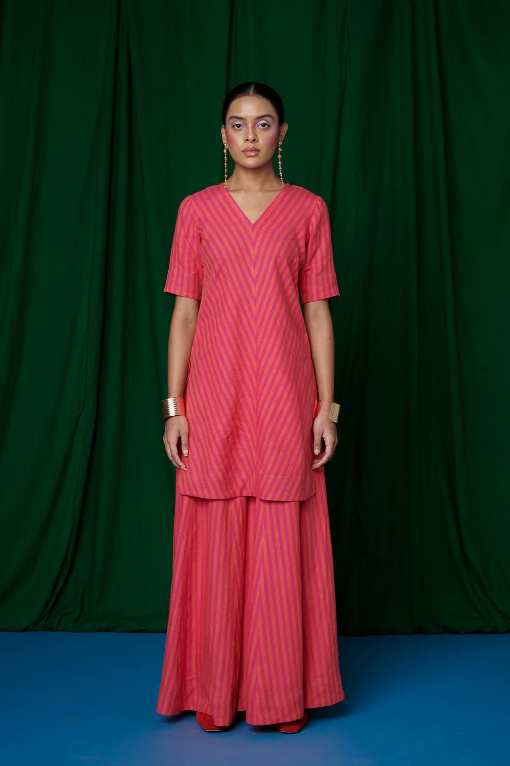 Coral Linen Sharara Set with Dupatta - CiceroniKurta Set, Festive WearSaphed