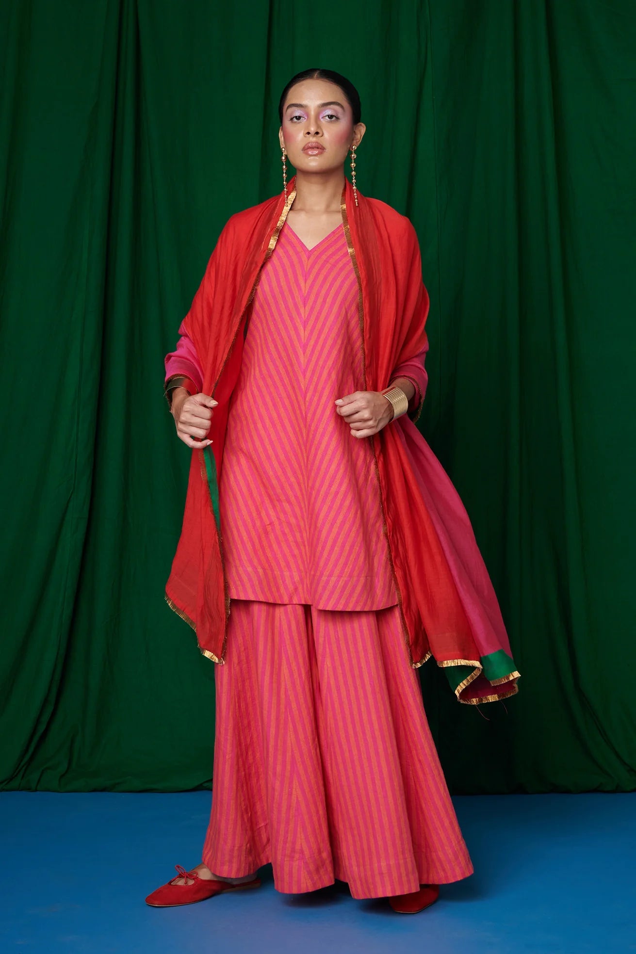Coral Linen Sharara Set with Dupatta - CiceroniKurta Set, Festive WearSaphed